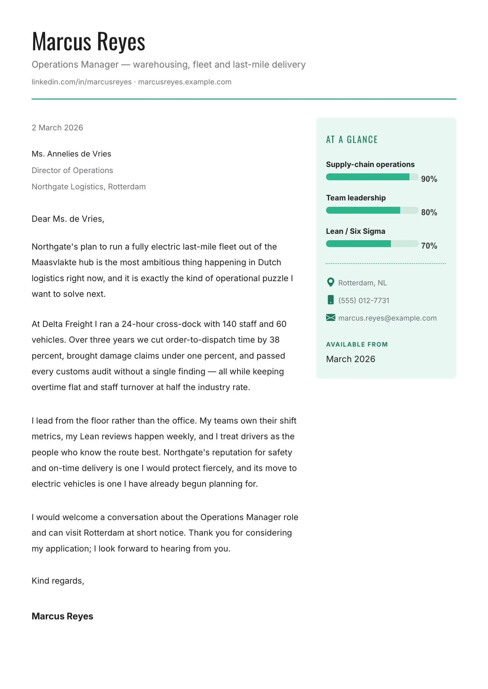 Teal Operations Manager Cover Letter Template