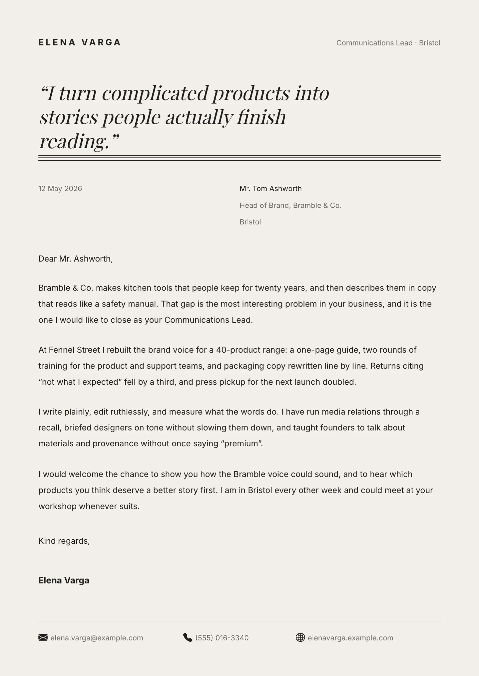 Black and White Pull-Quote Cover Letter Template