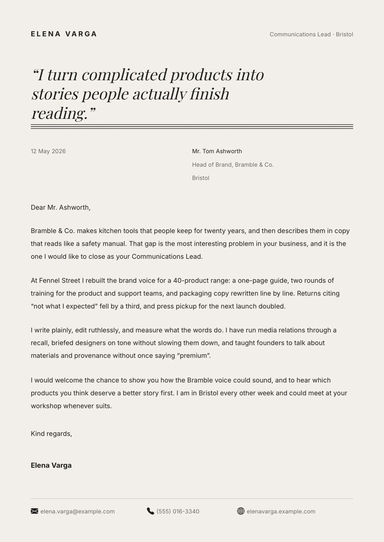 Black and White Pull-Quote Cover Letter Template