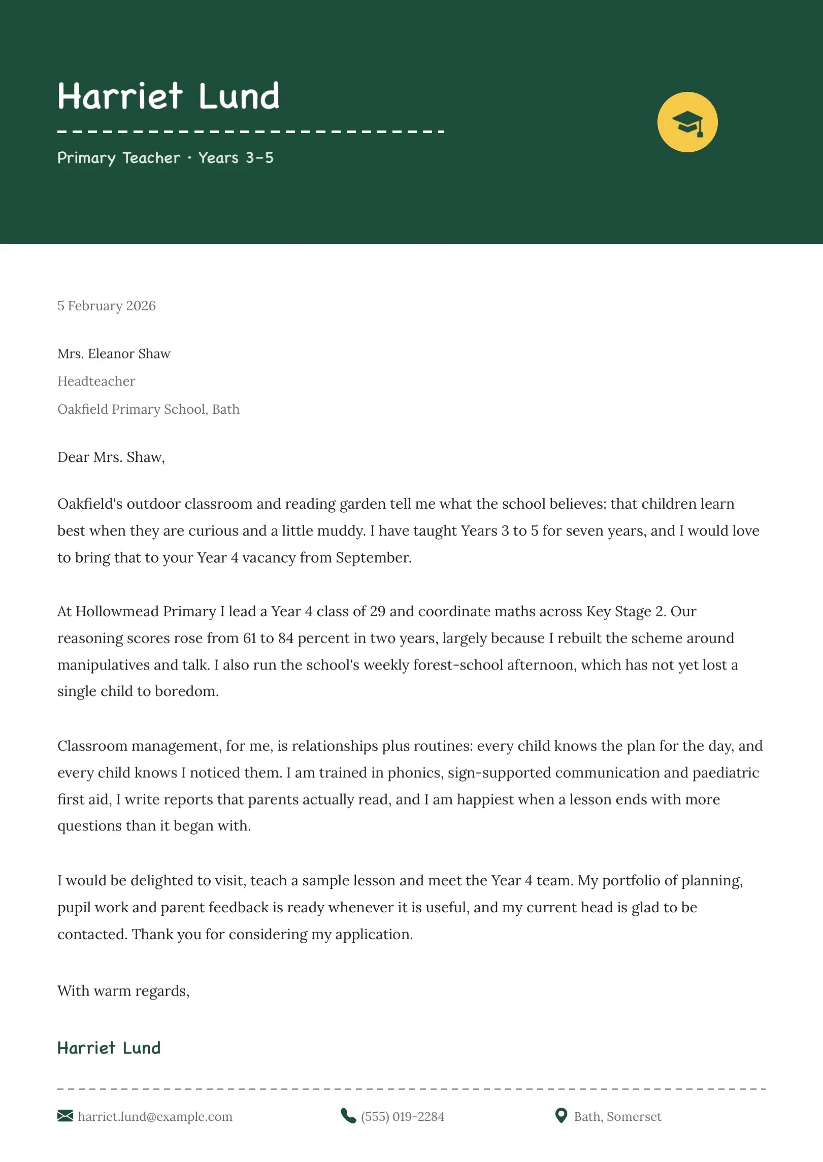 Deep Teal Primary Teacher Cover Letter Template