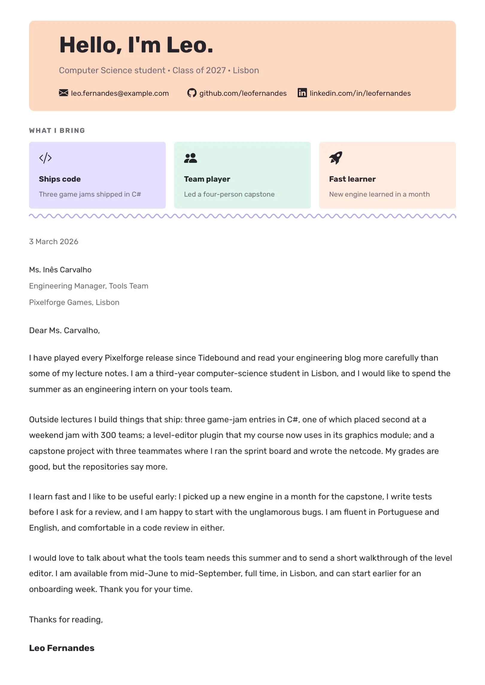 Orange Internship Cover Letter Template