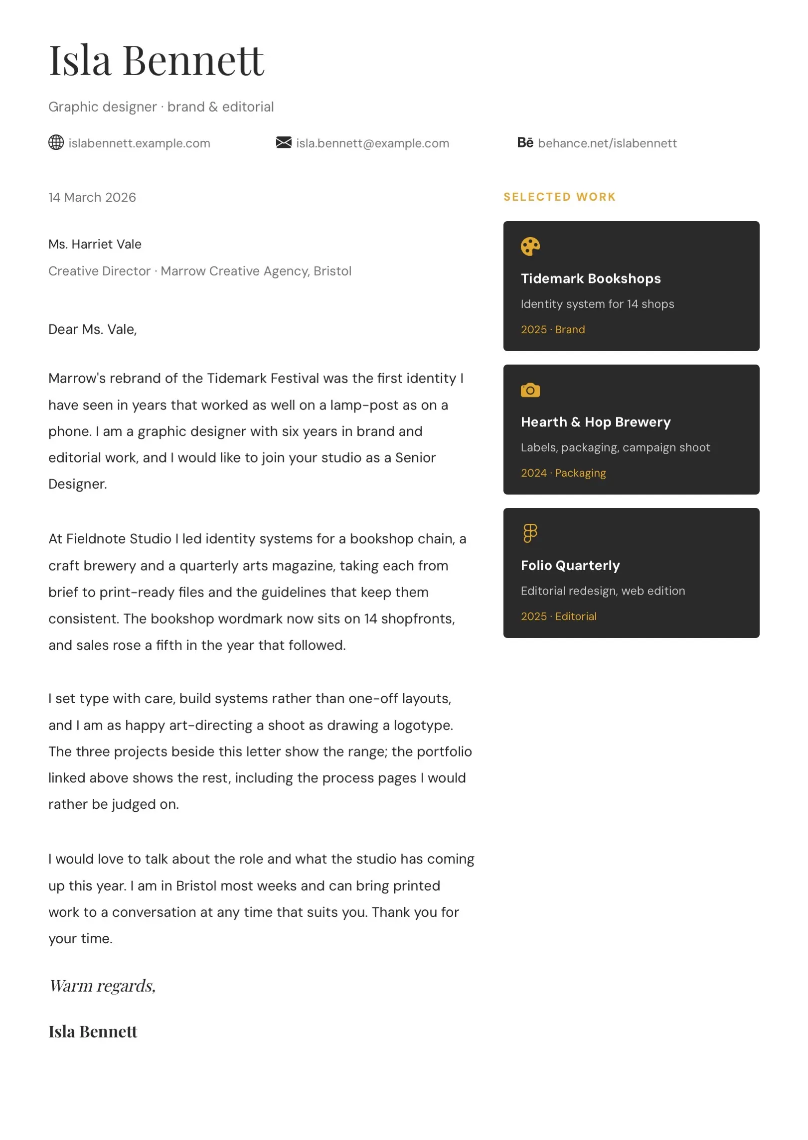 Black and White Designer Portfolio Cover Letter Template