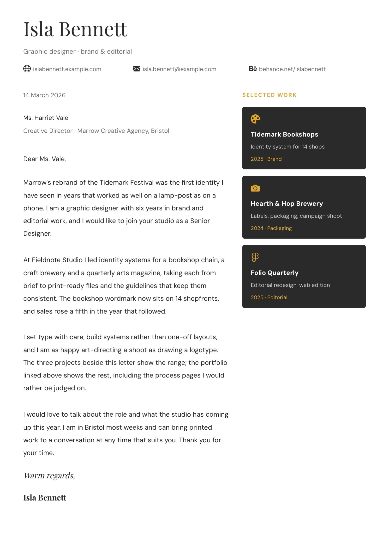 Black and White Designer Portfolio Cover Letter Template