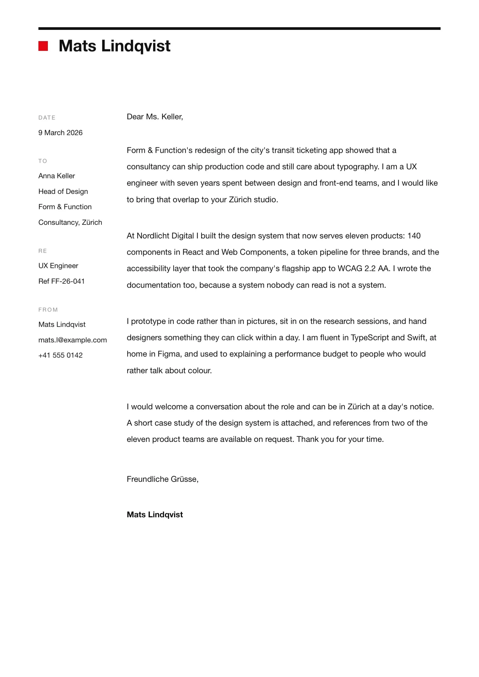 Black and White Swiss-Style Cover Letter Template