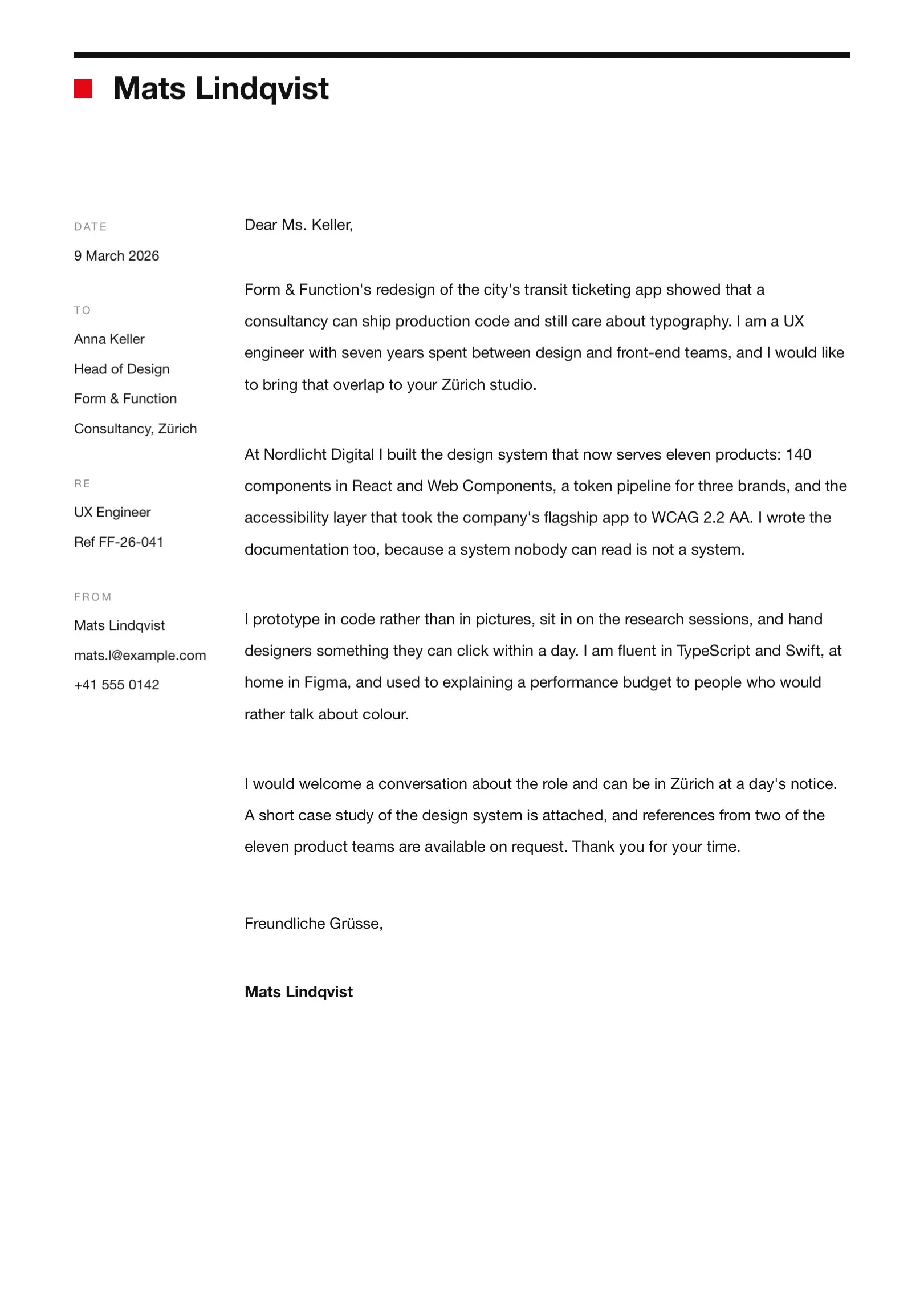 Black and White Swiss-Style Cover Letter Template
