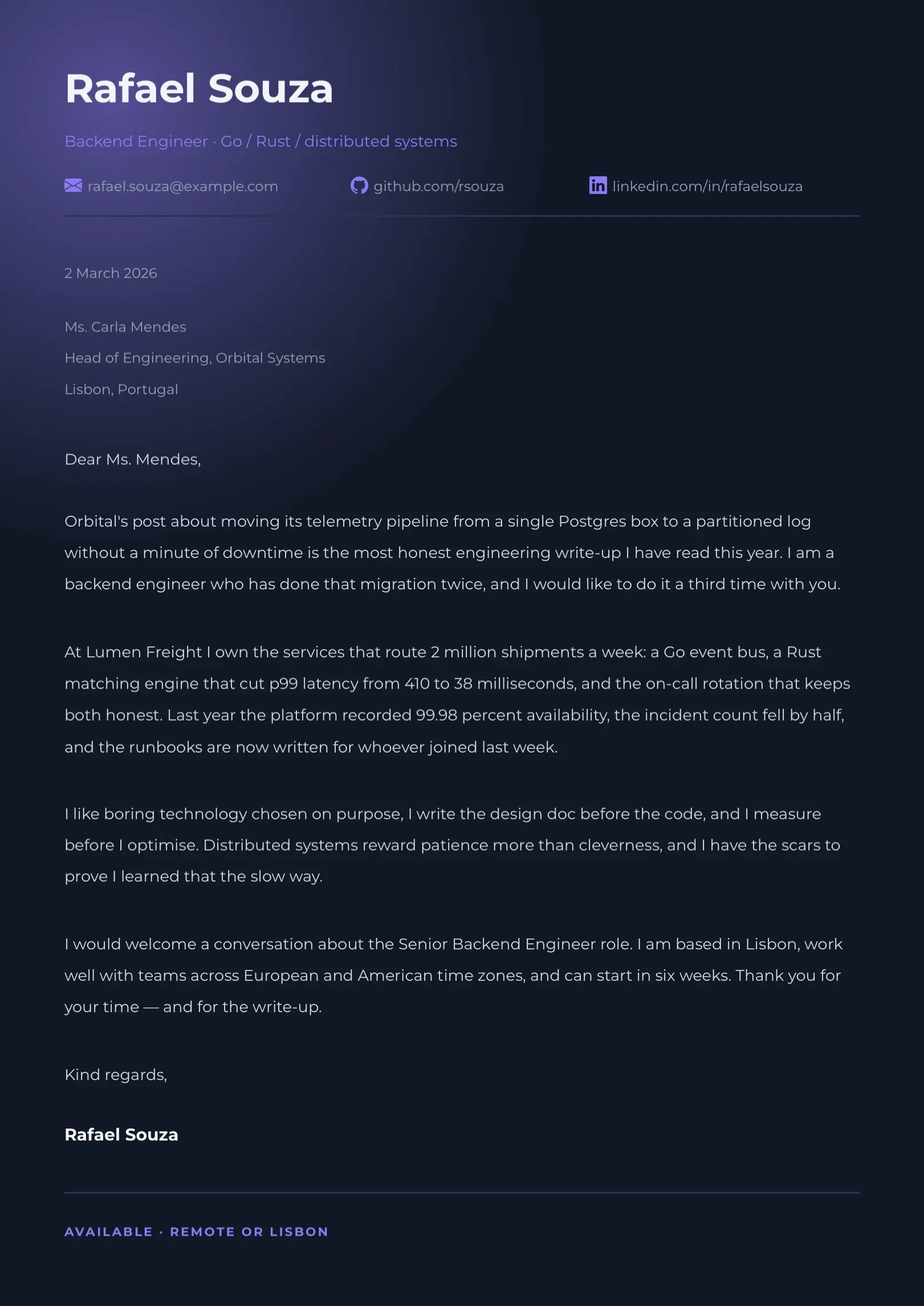 Navy Dark Developer Cover Letter Template