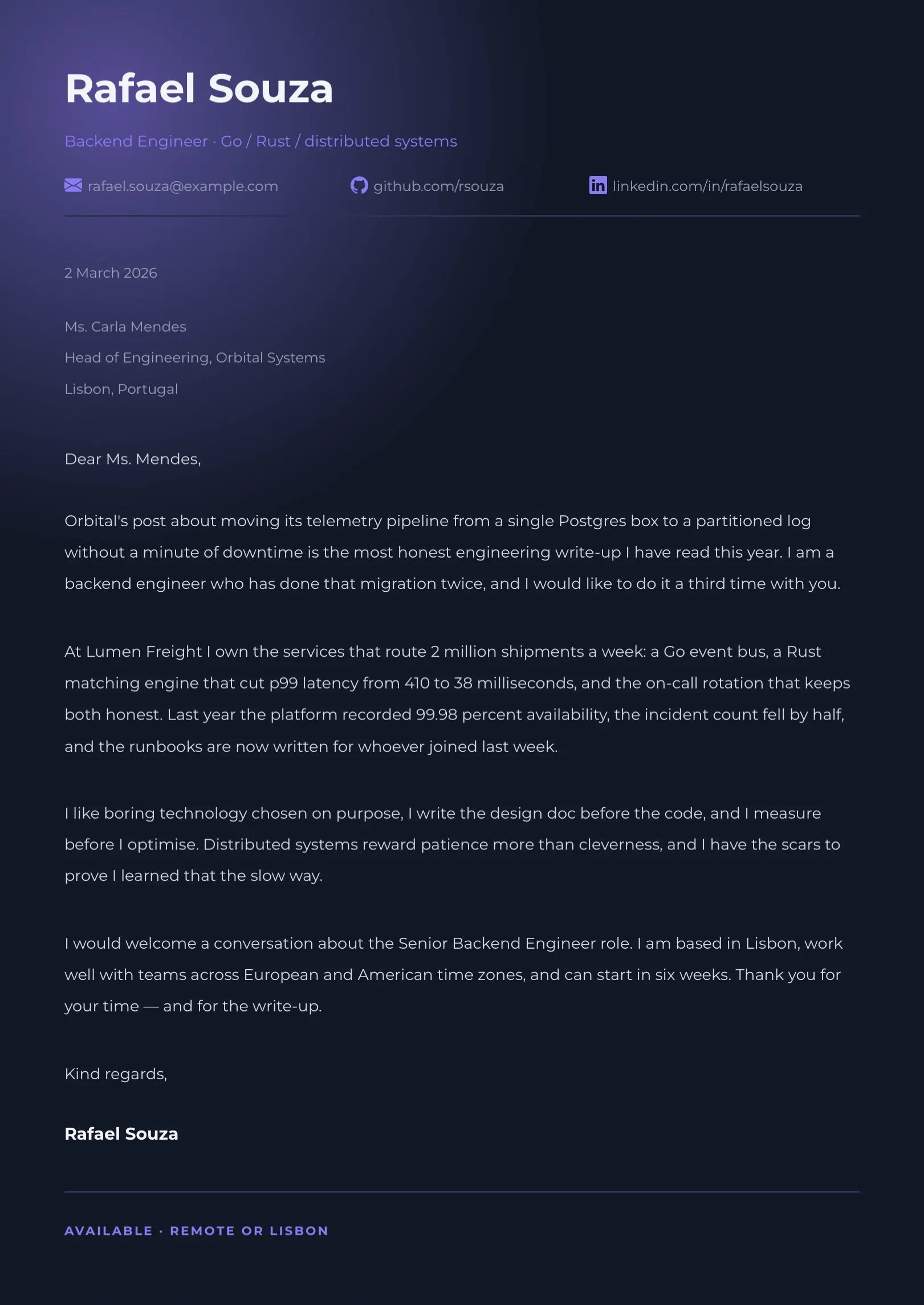 Navy Dark Developer Cover Letter Template
