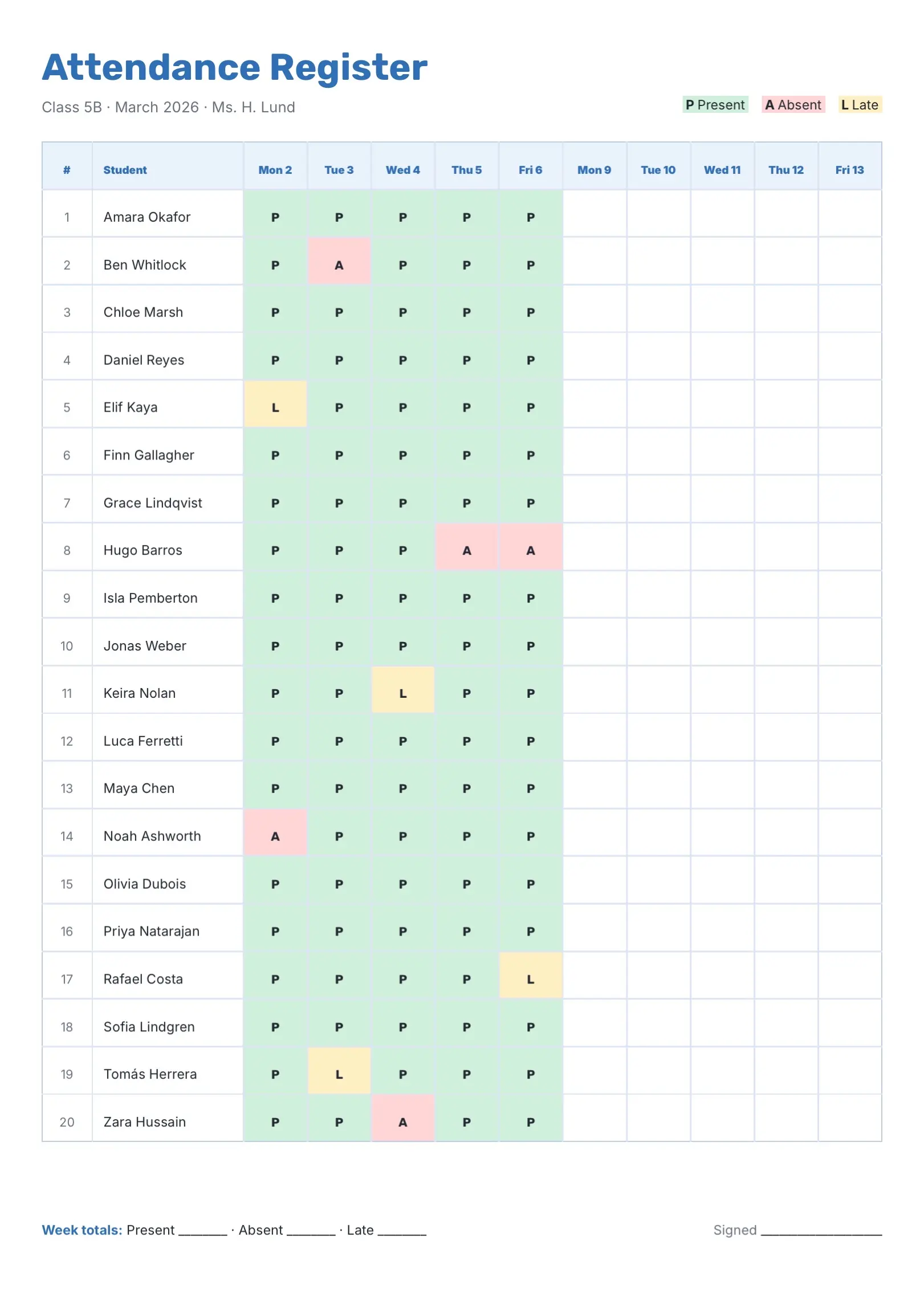 Amber Class Attendance Register Template