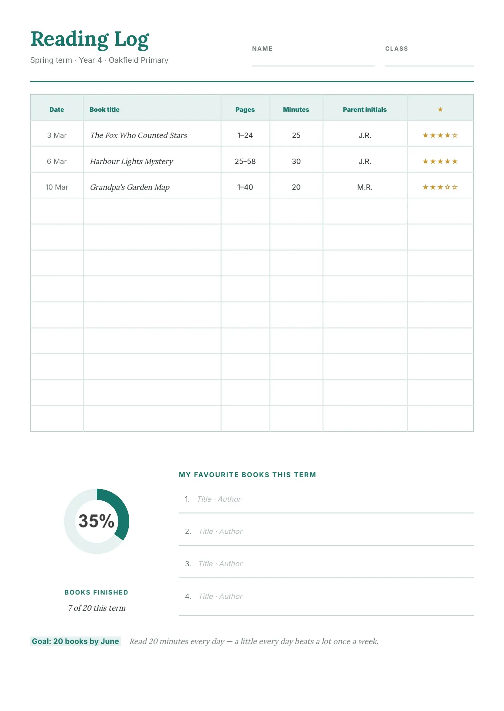 Sky Blue Student Reading Log Template