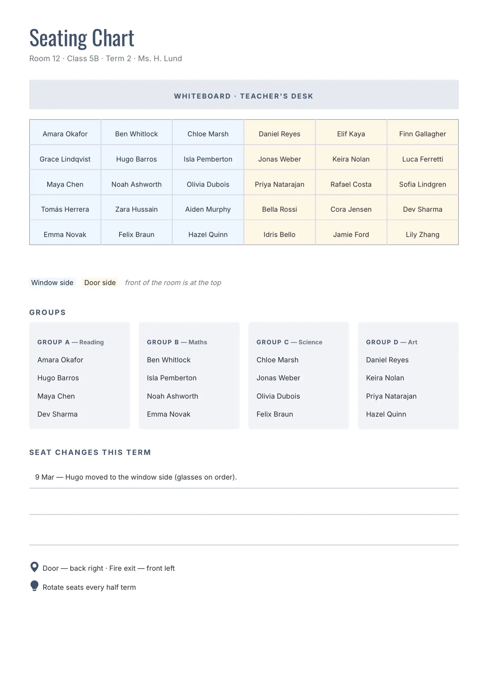 Black and White Classroom Seating Chart Template