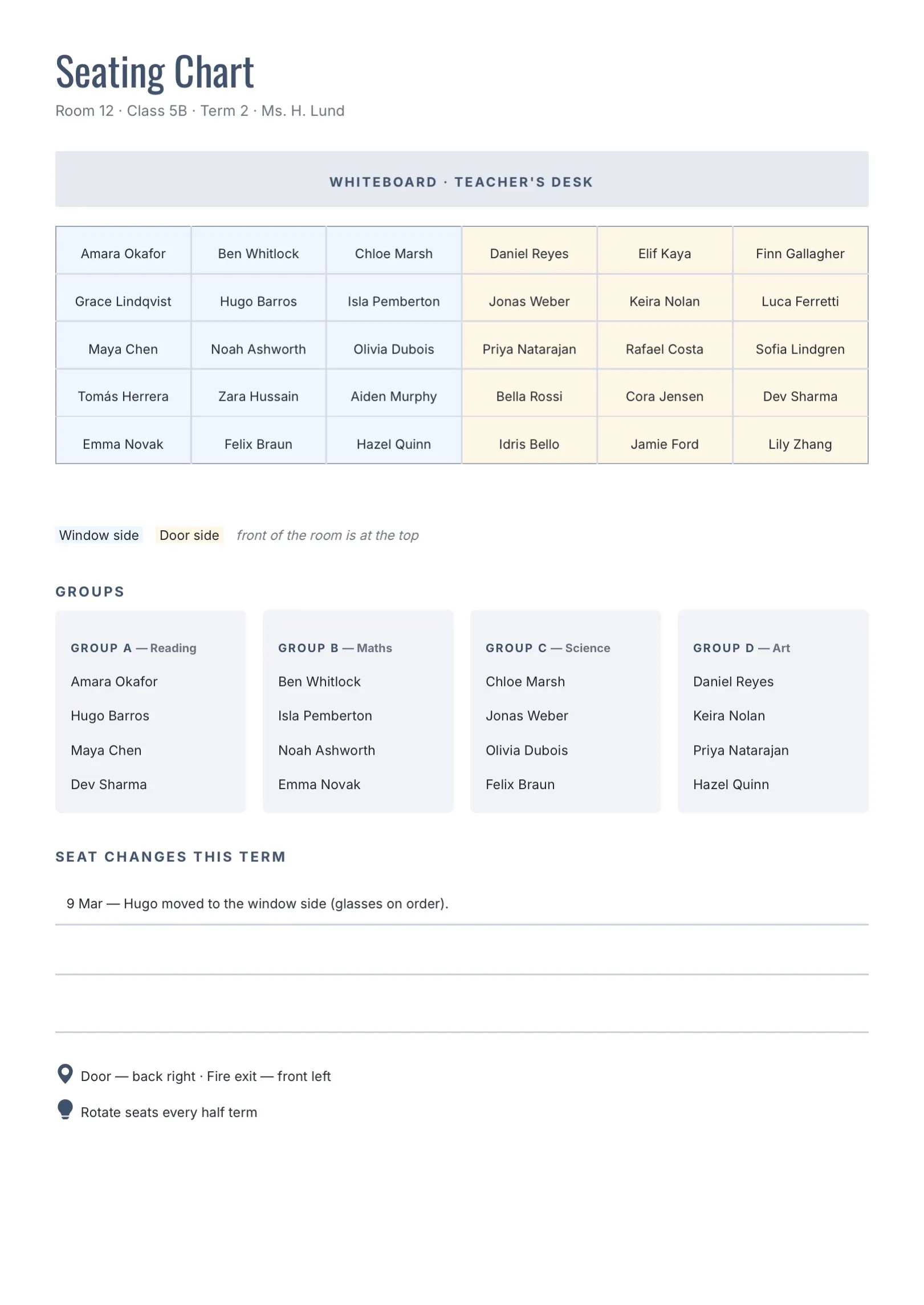 Black and White Classroom Seating Chart Template