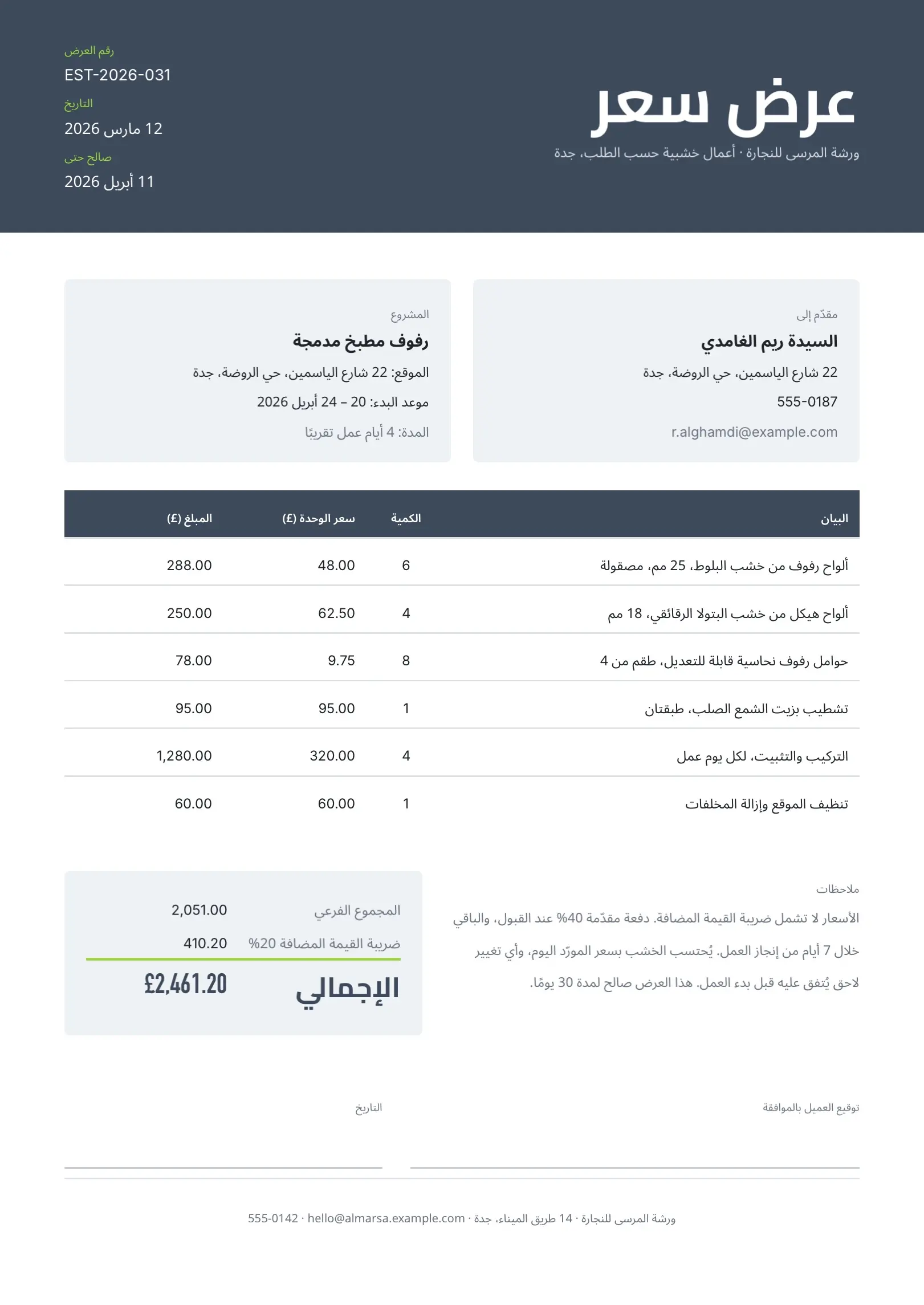 قالب عرض سعر لمقاول أو حرفي كحلي