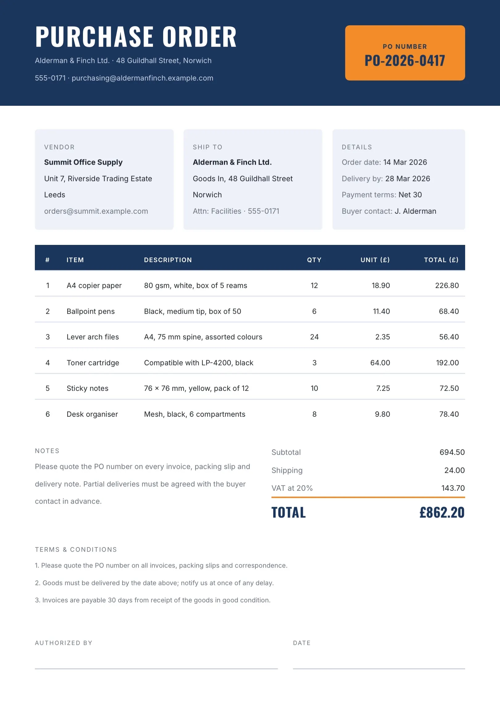 Navy Office Supplies Purchase Order Template