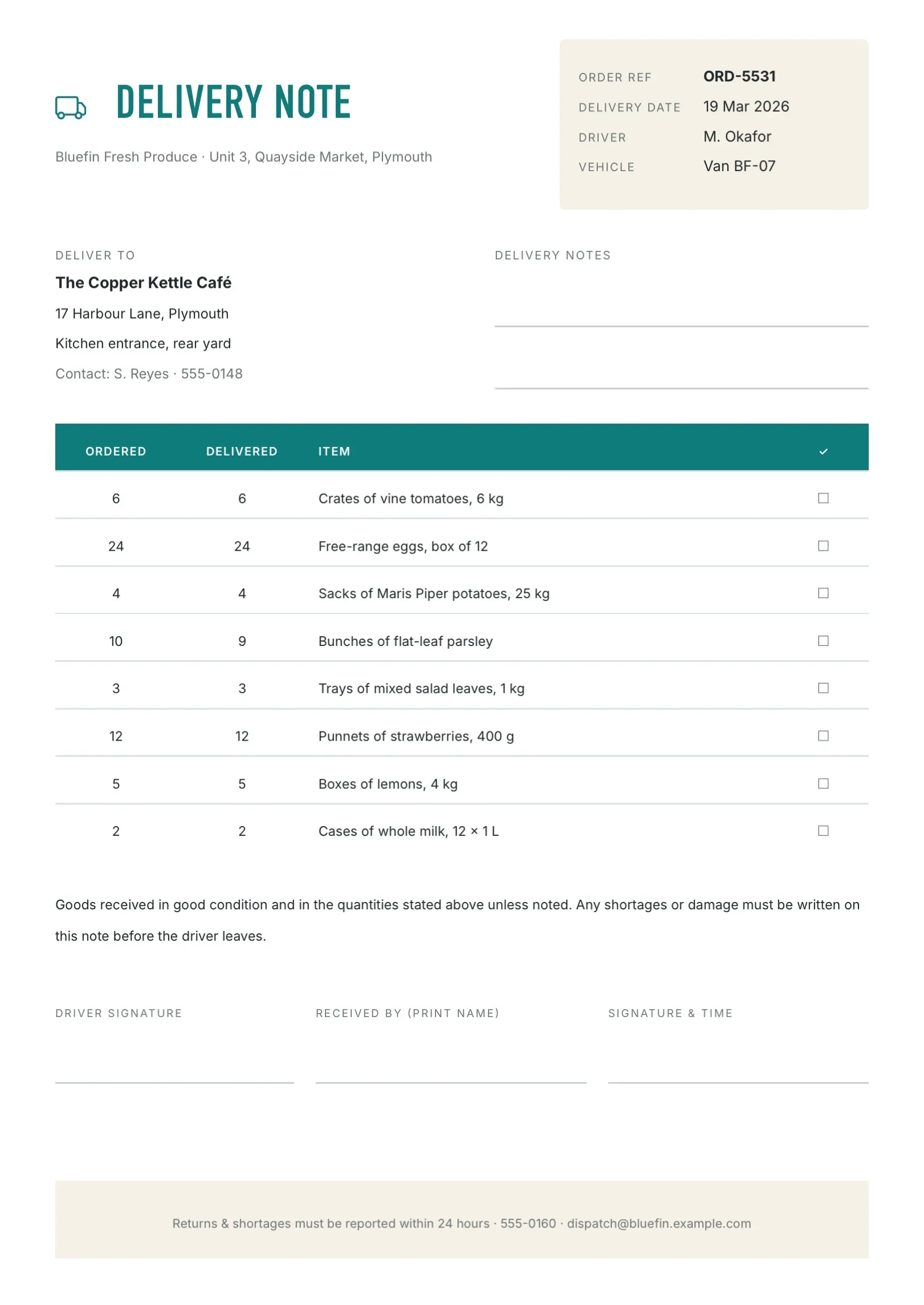 Slate Blue Fresh Produce Delivery Note Template
