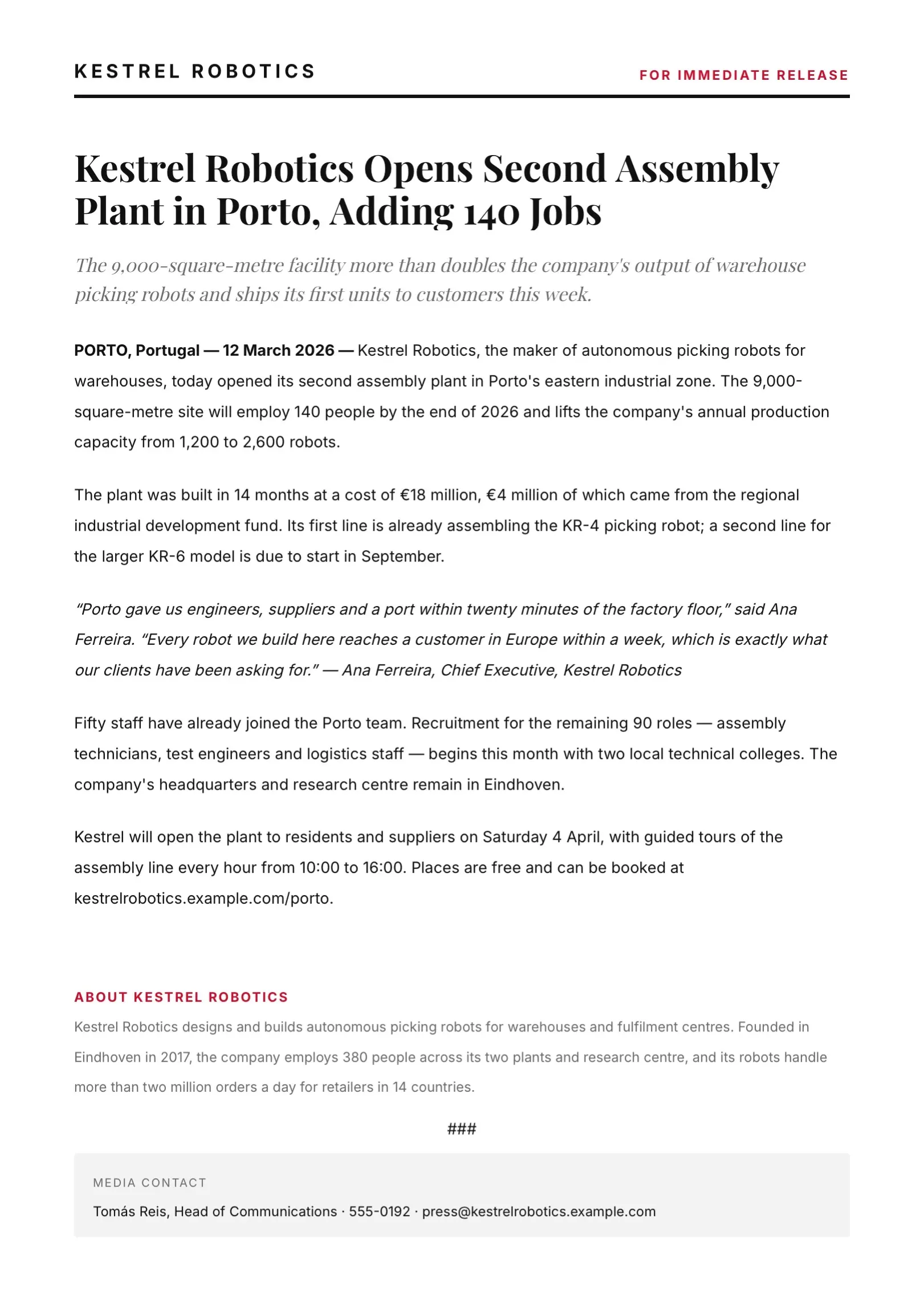 Black and White Company Press Release Template