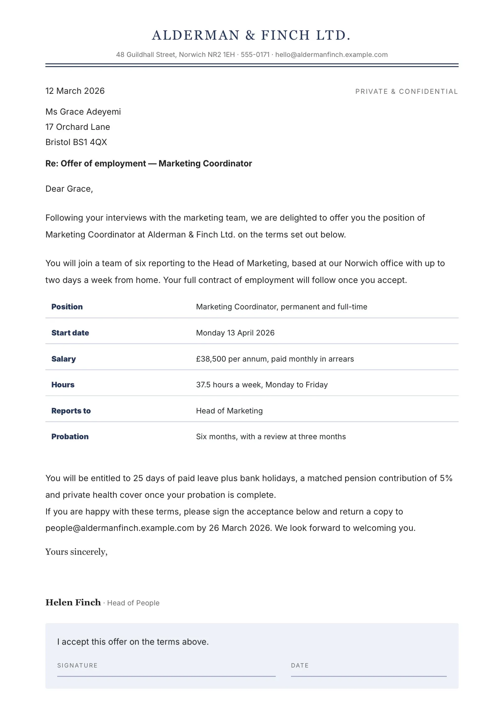 Black and White Job Offer Letter Template