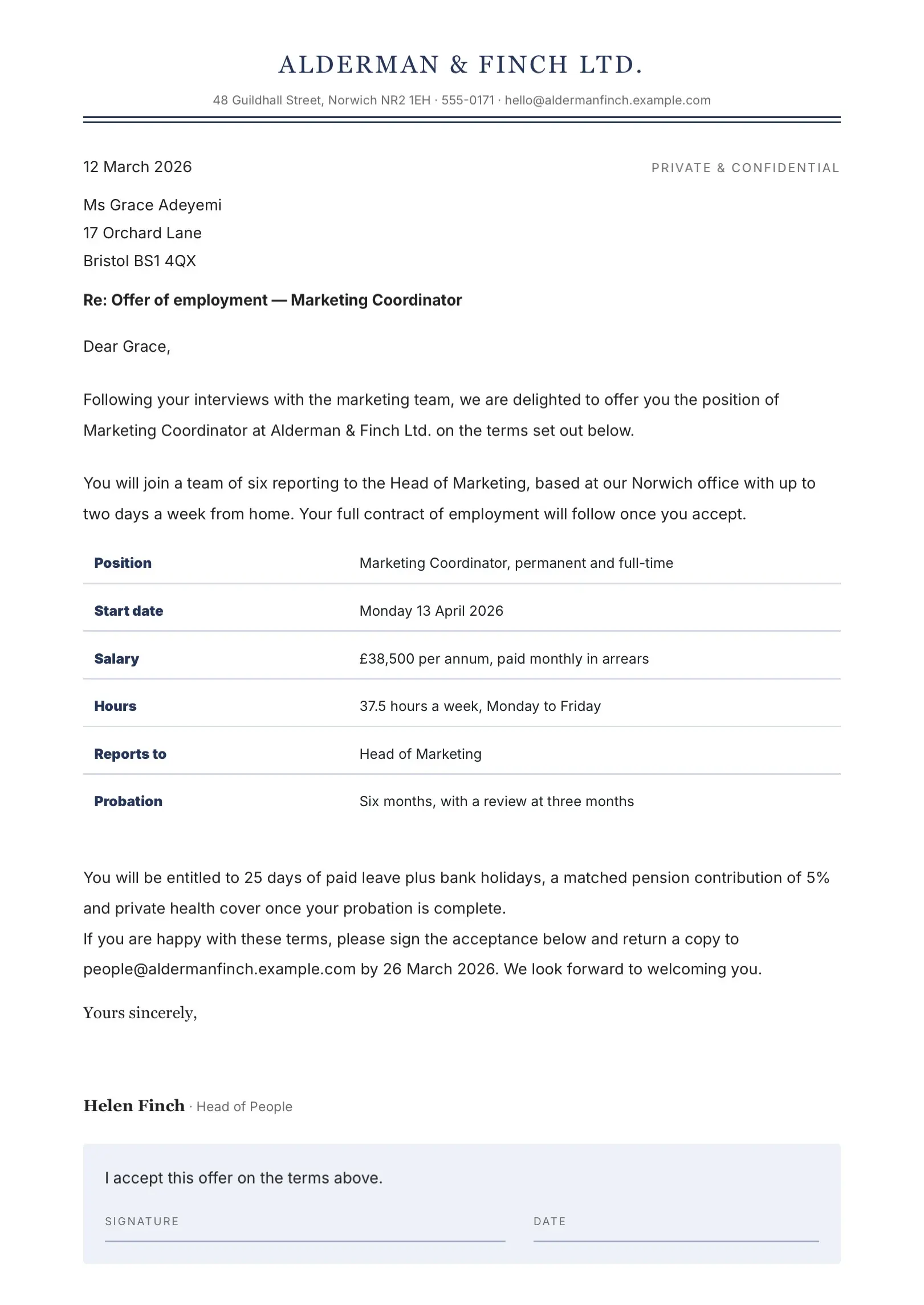Black and White Job Offer Letter Template
