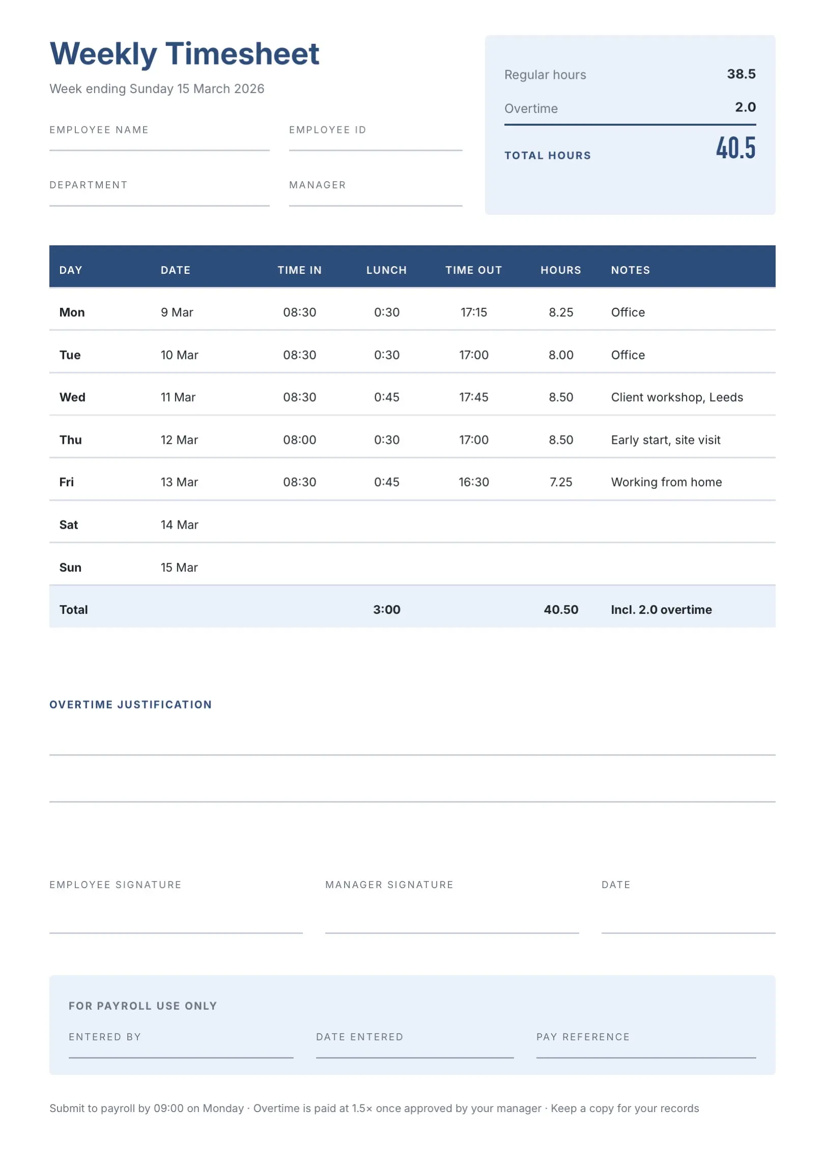 Navy Weekly Timesheet Template