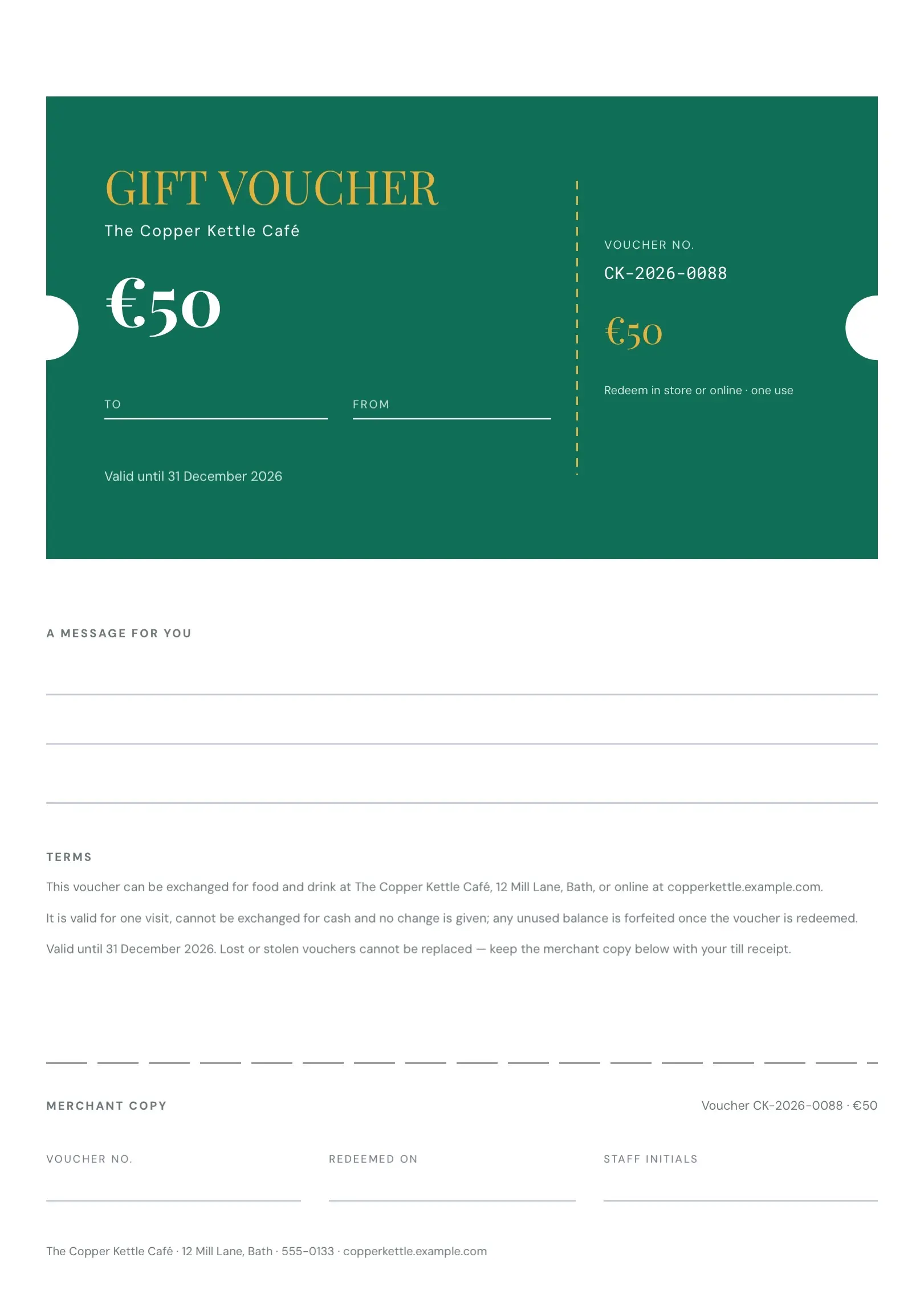 Deep Teal Café Gift Voucher Template
