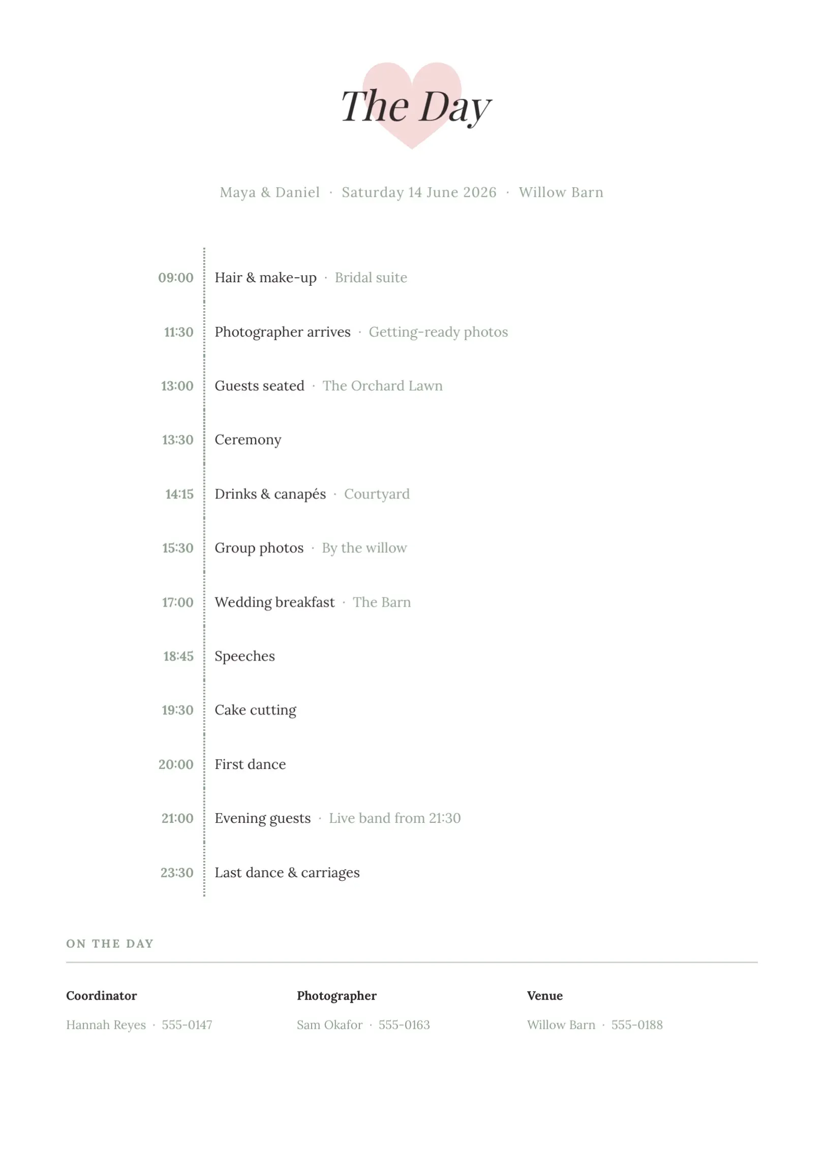 Black and White Wedding Day Timeline Template