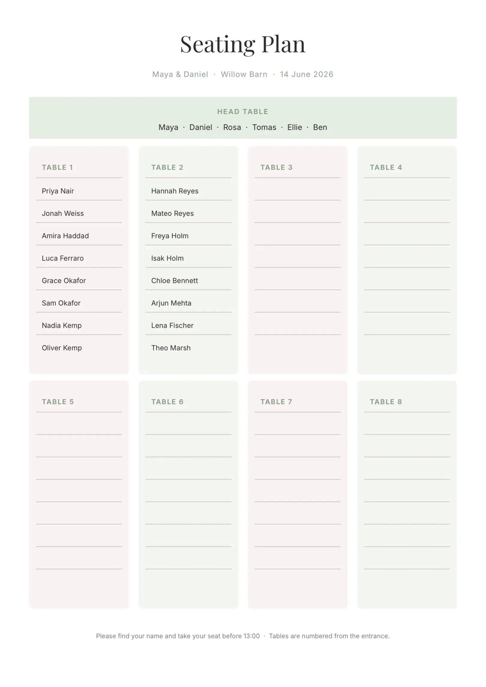 Black and White Wedding Seating Plan Template