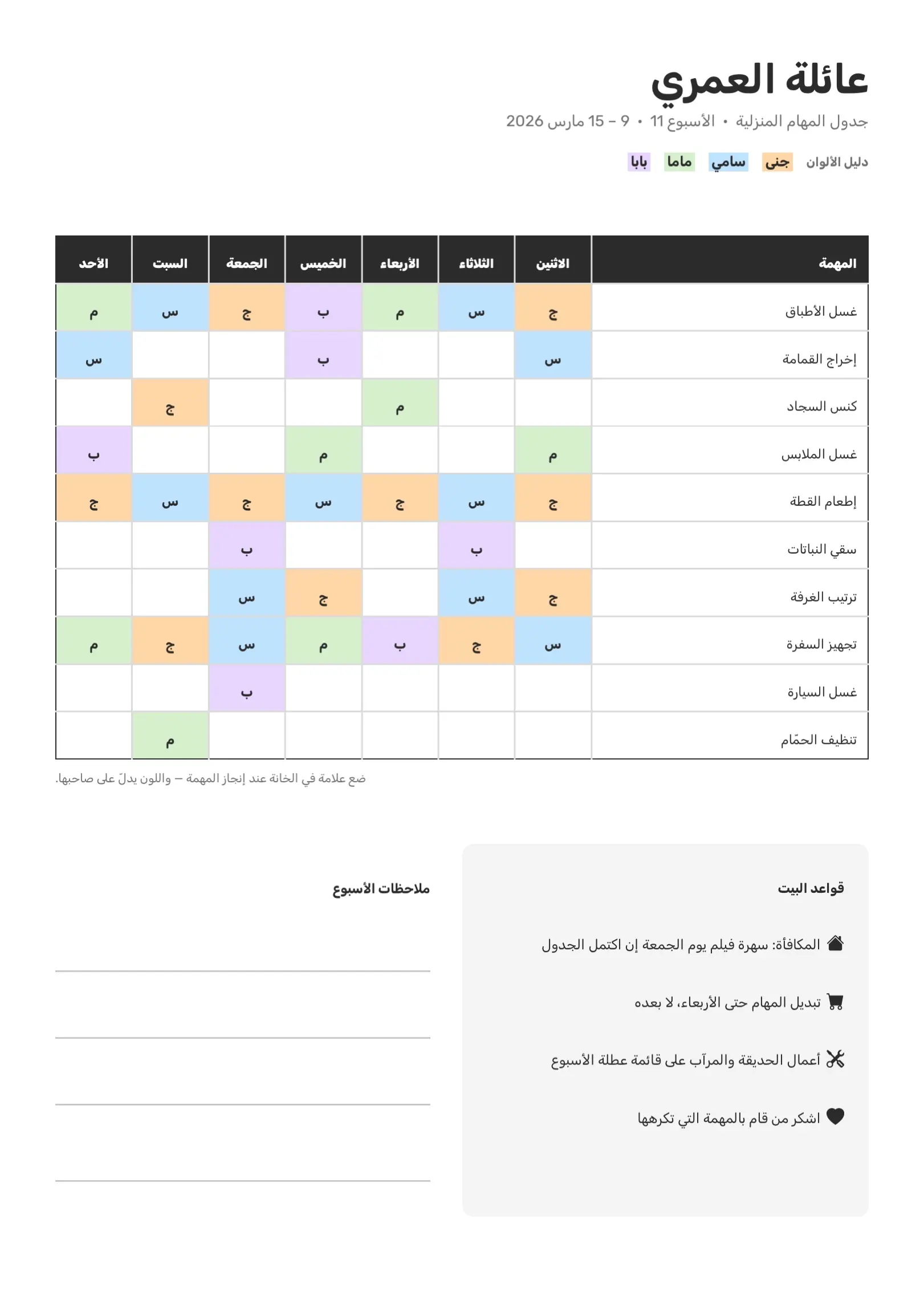 قالب جدول المهام المنزلية للعائلة برتقالي