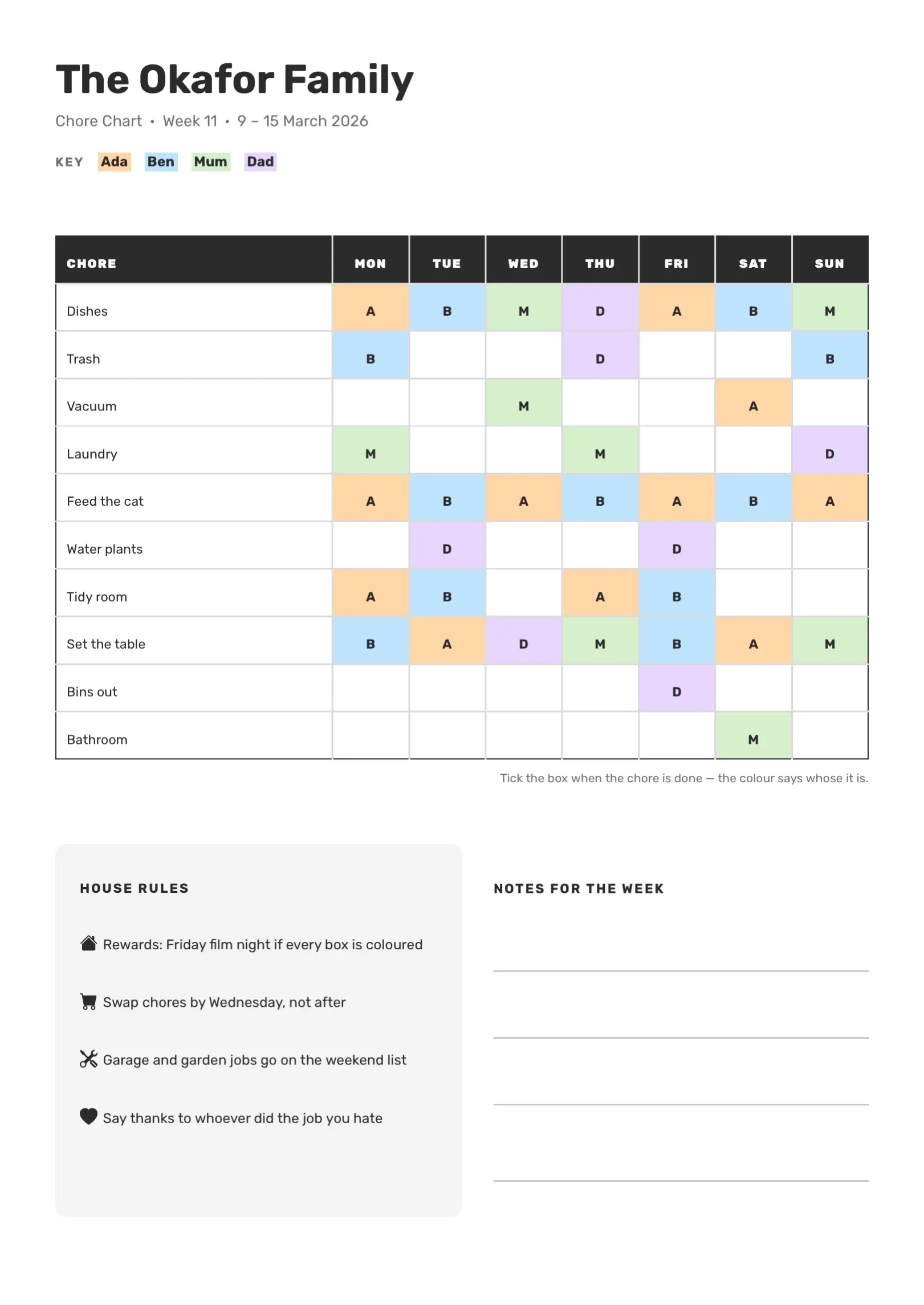 Orange Family Chore Chart Template