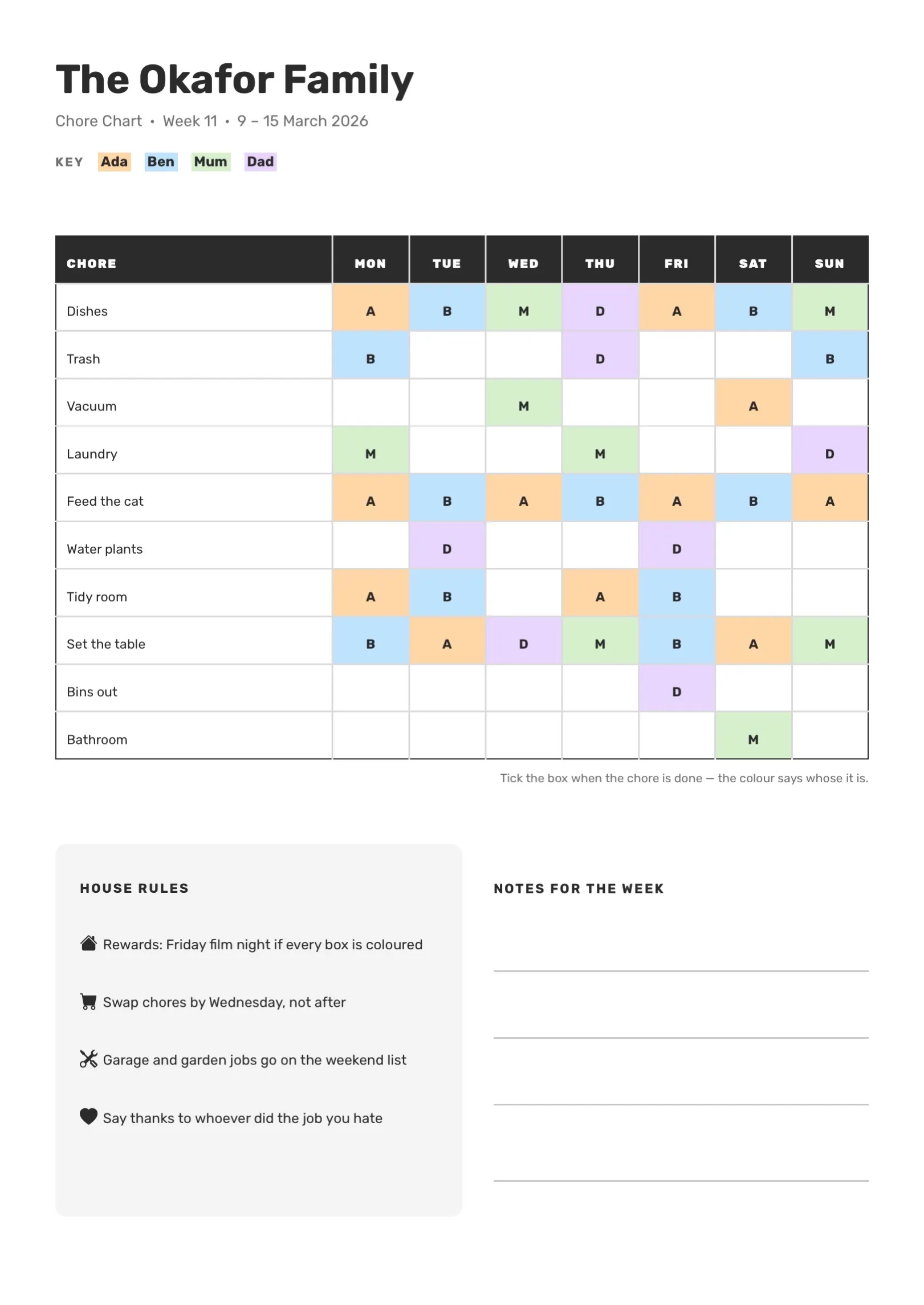 Orange Family Chore Chart Template