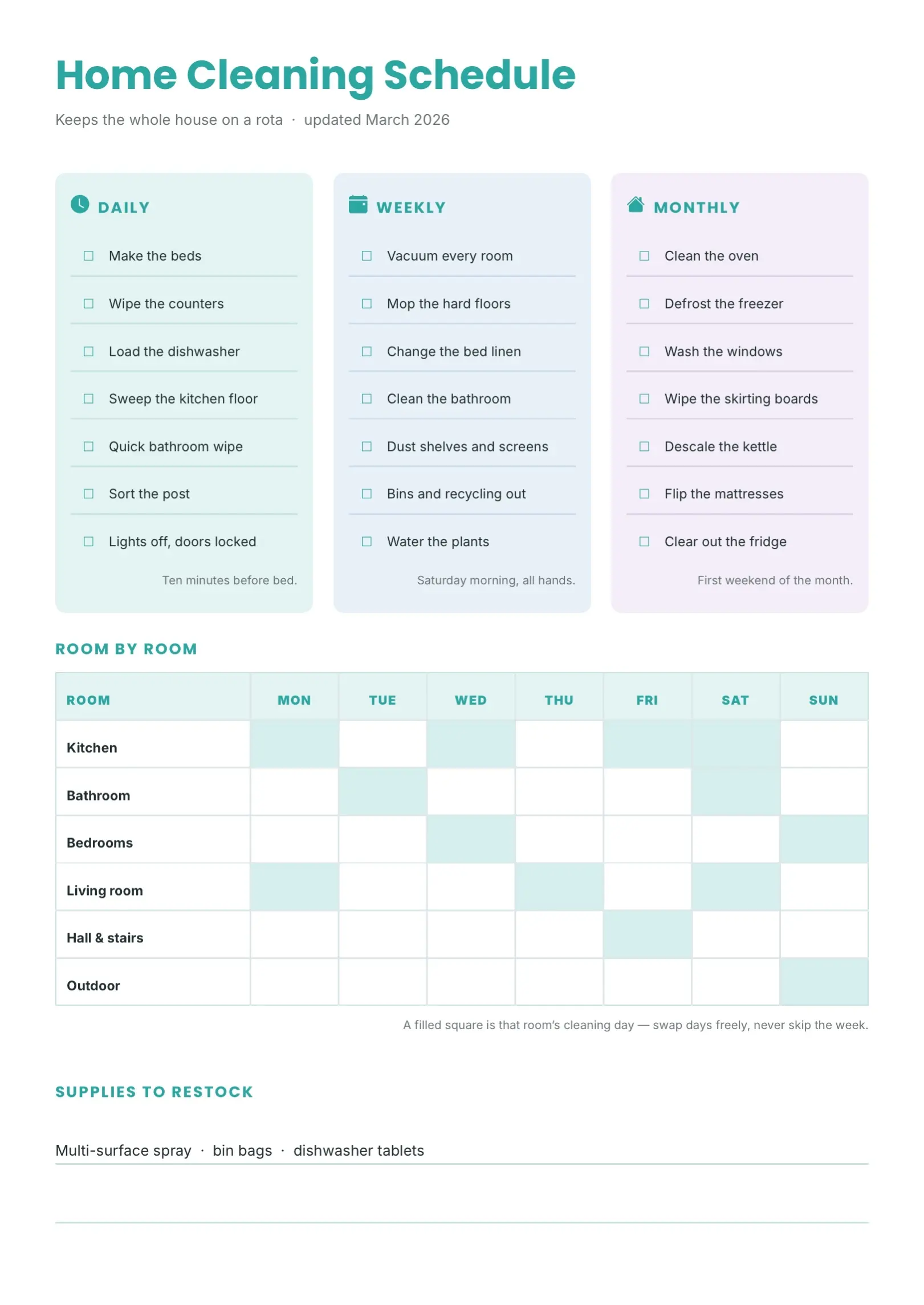 Sky Blue Home Cleaning Schedule Template