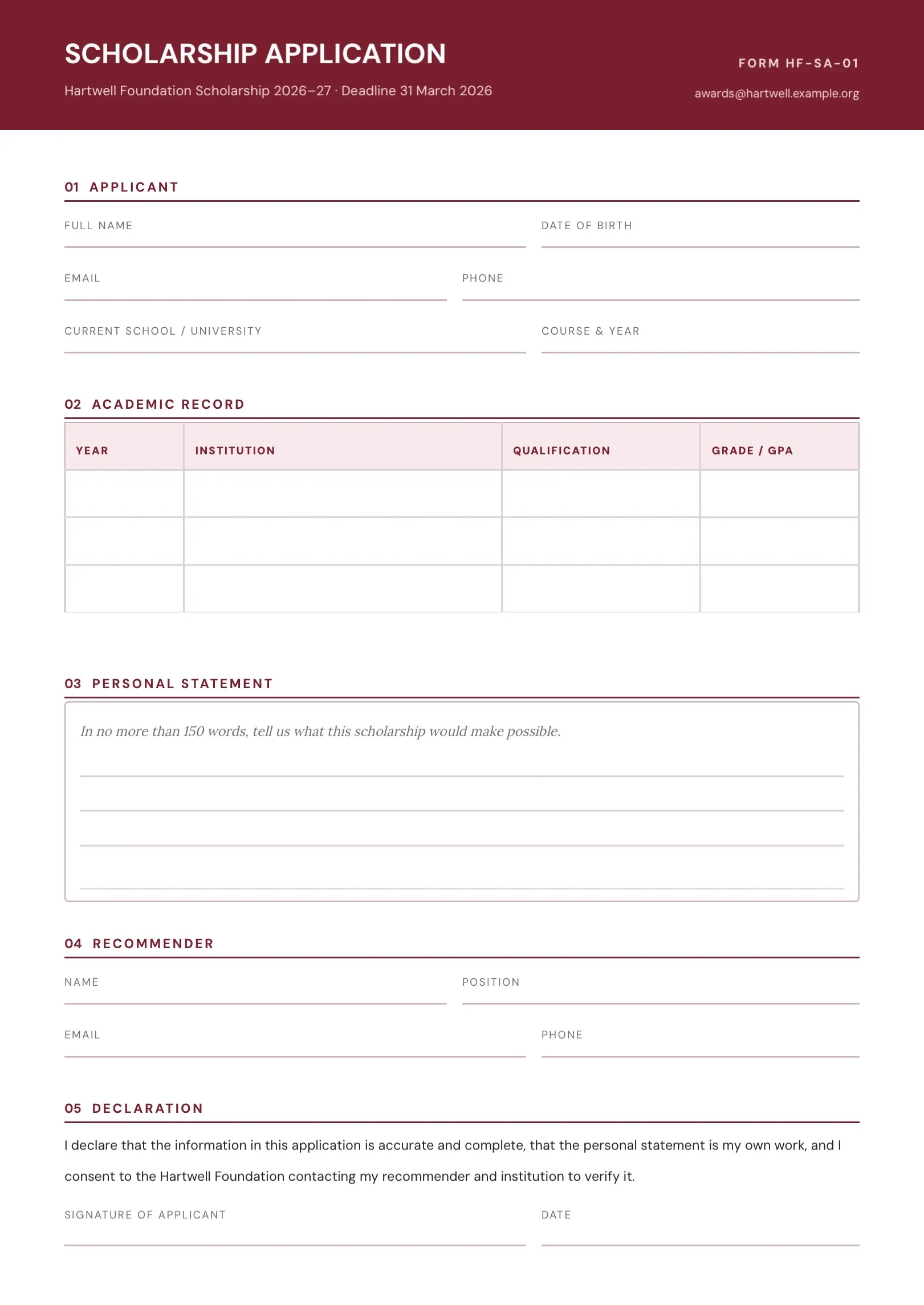 Black and White Scholarship Application Form Template