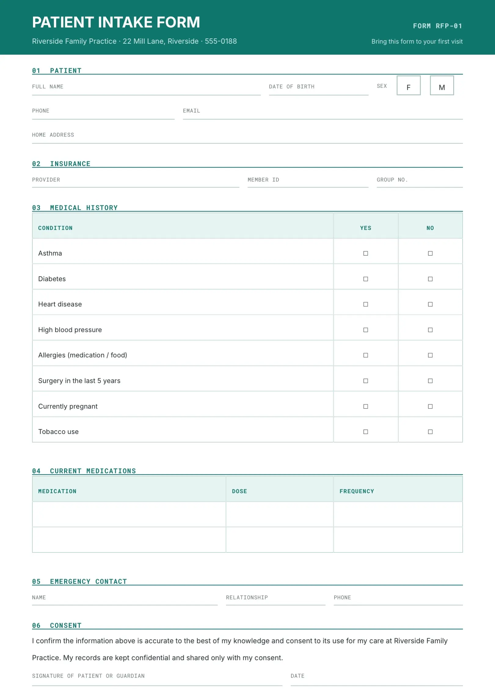 Black and White Patient Intake Form Template