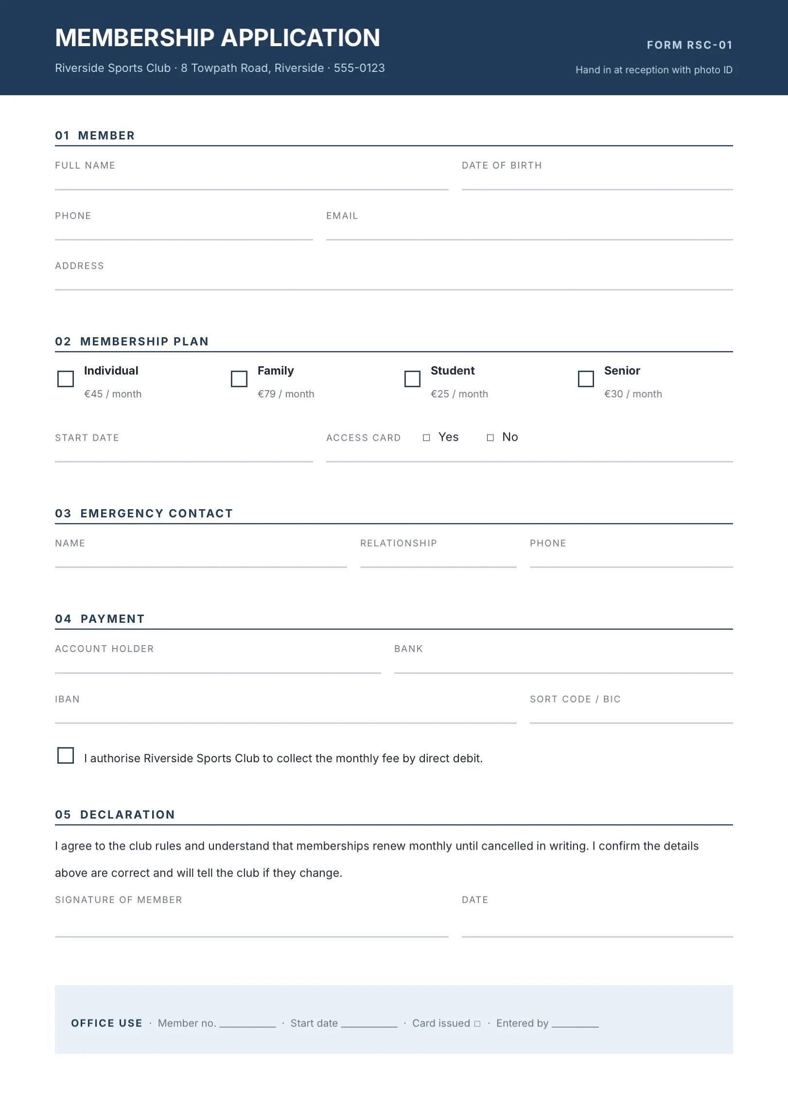 Black and White Sports Club Membership Form Template