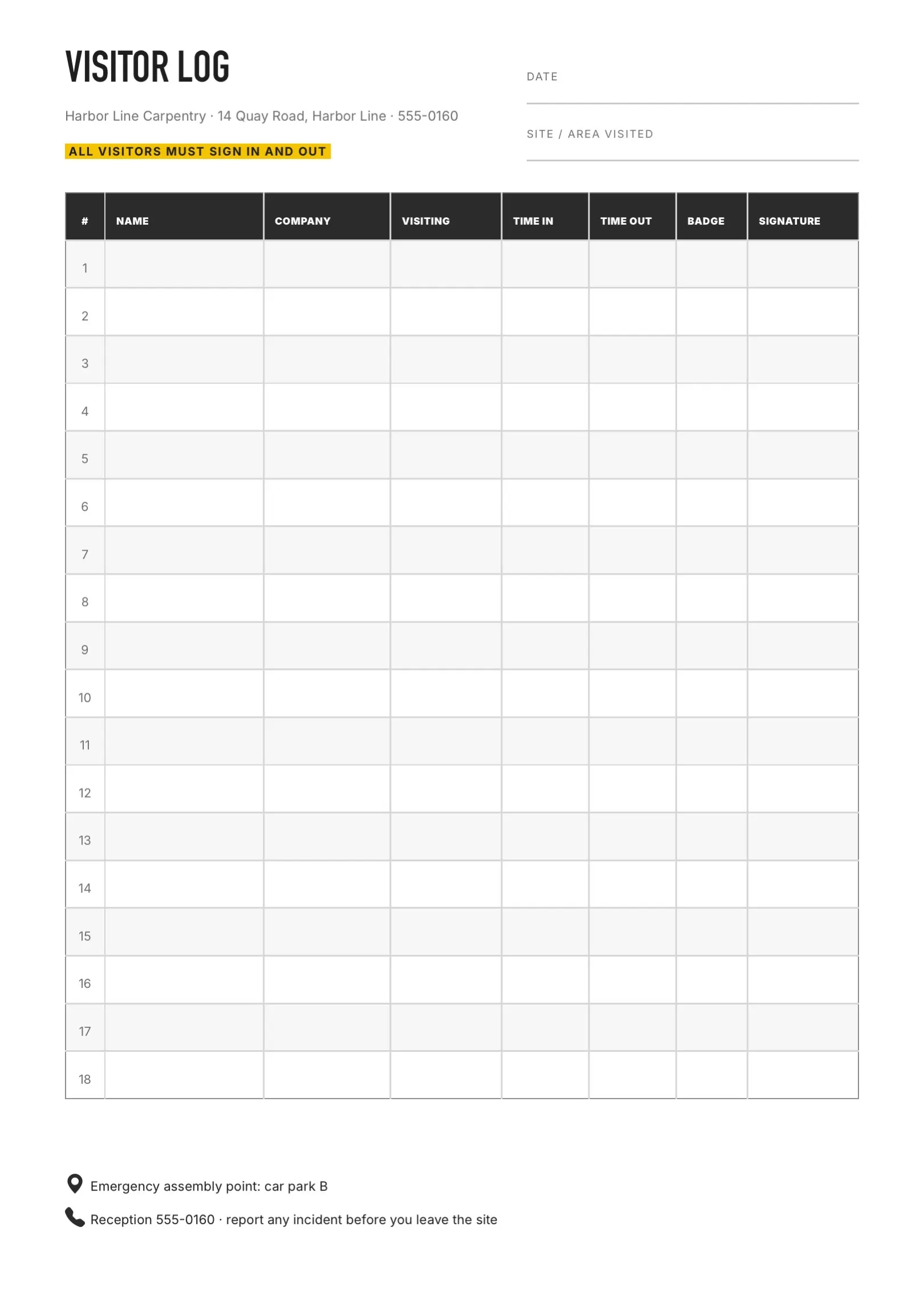 Black and White Visitor Sign-In Sheet Template