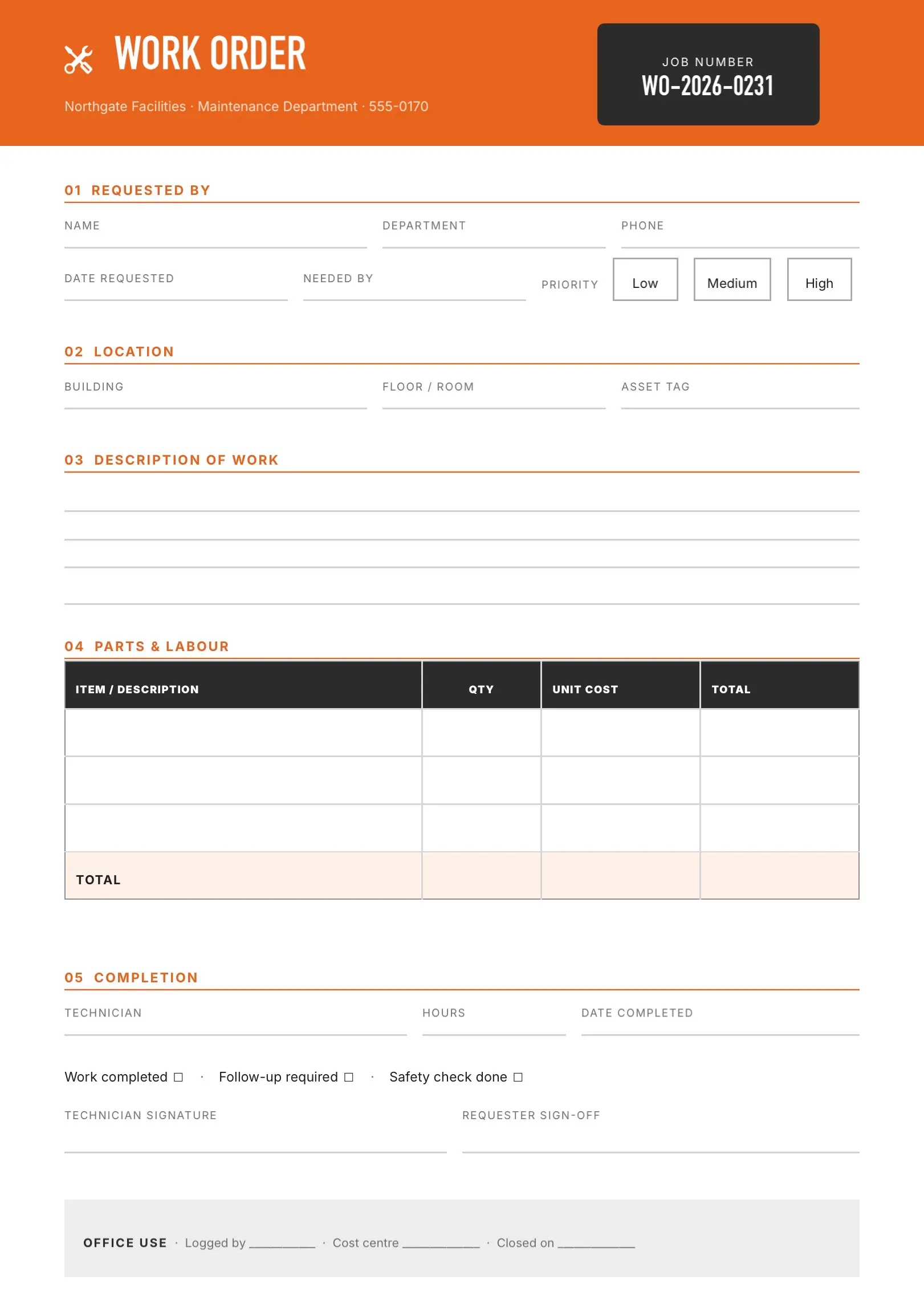 Orange Maintenance Work Order Template
