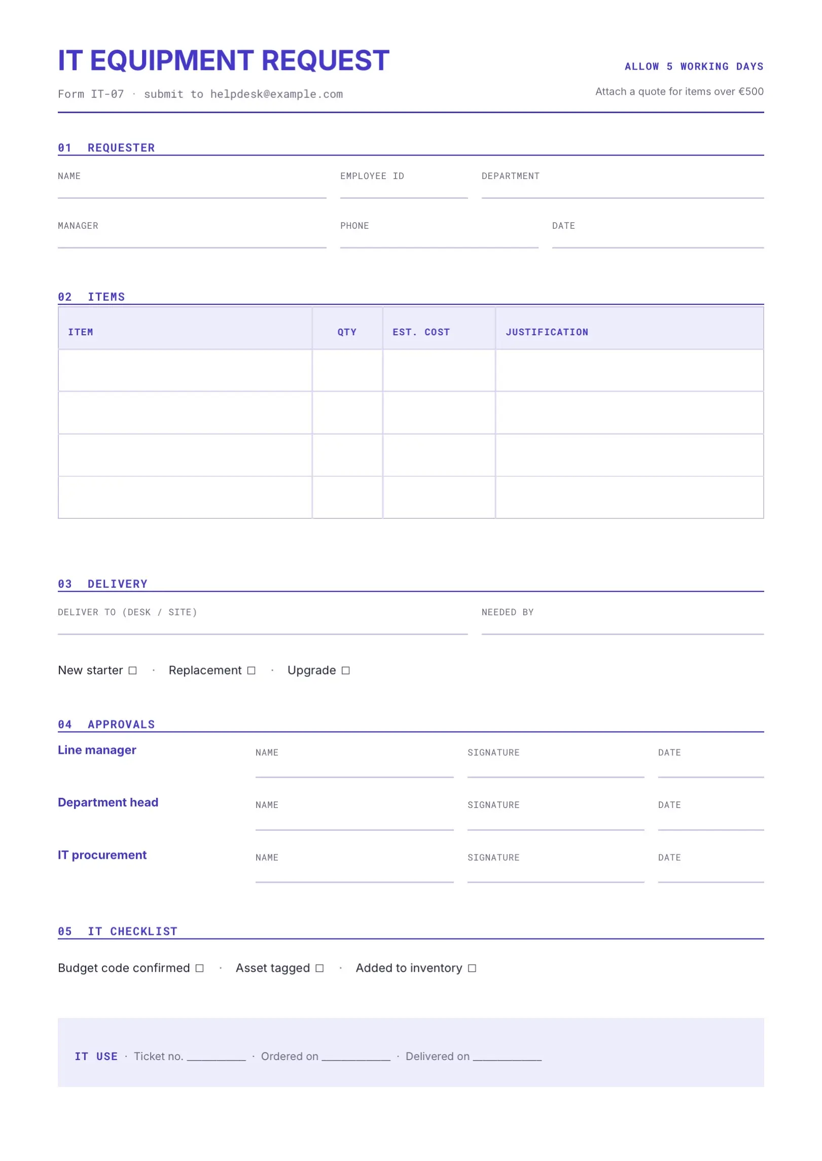 Black and White IT Equipment Request Form Template