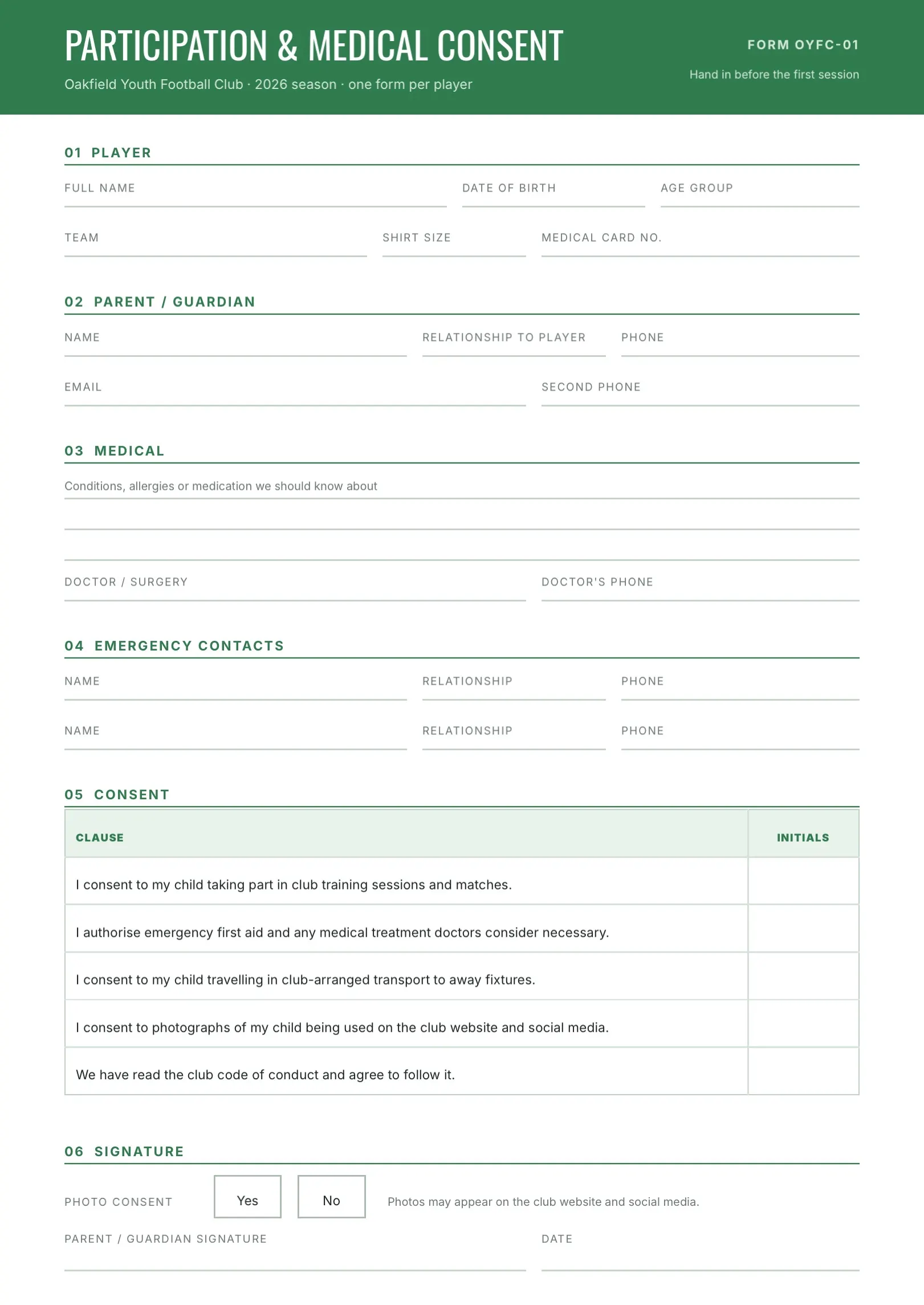 Black and White Youth Sports Consent Form Template
