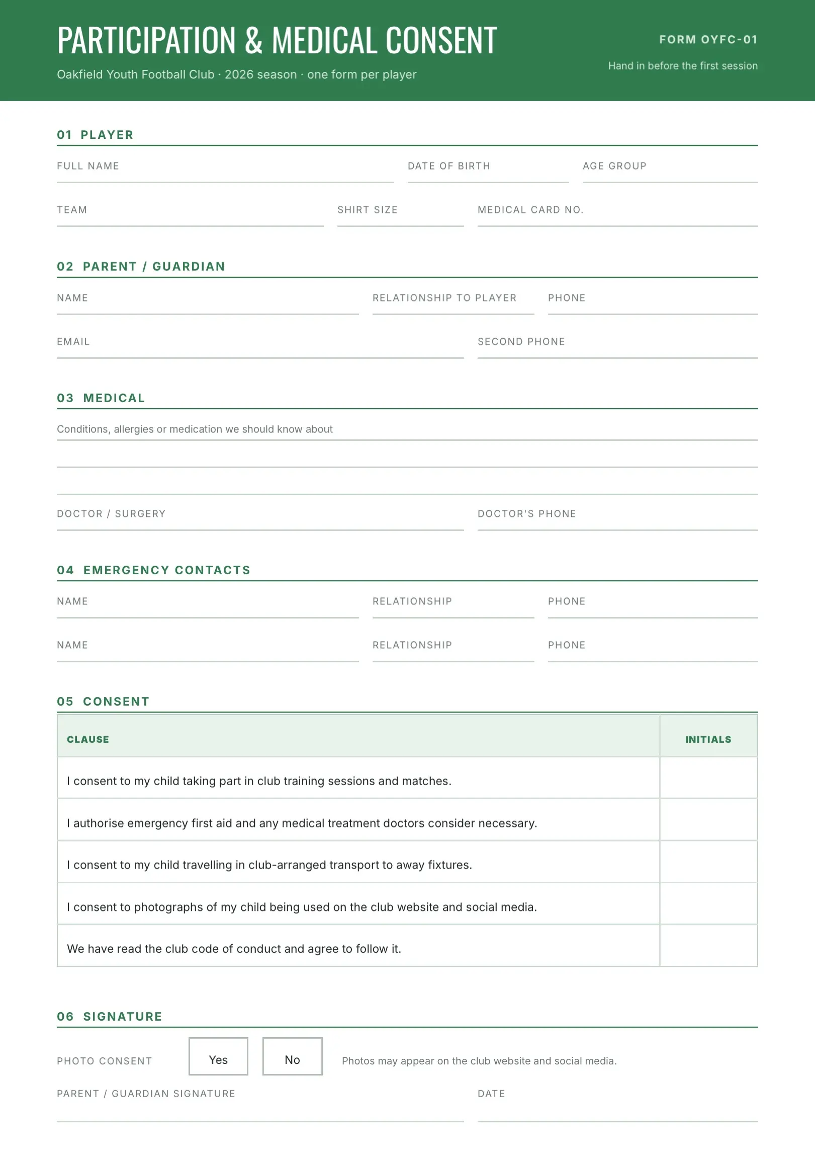 Black and White Youth Sports Consent Form Template