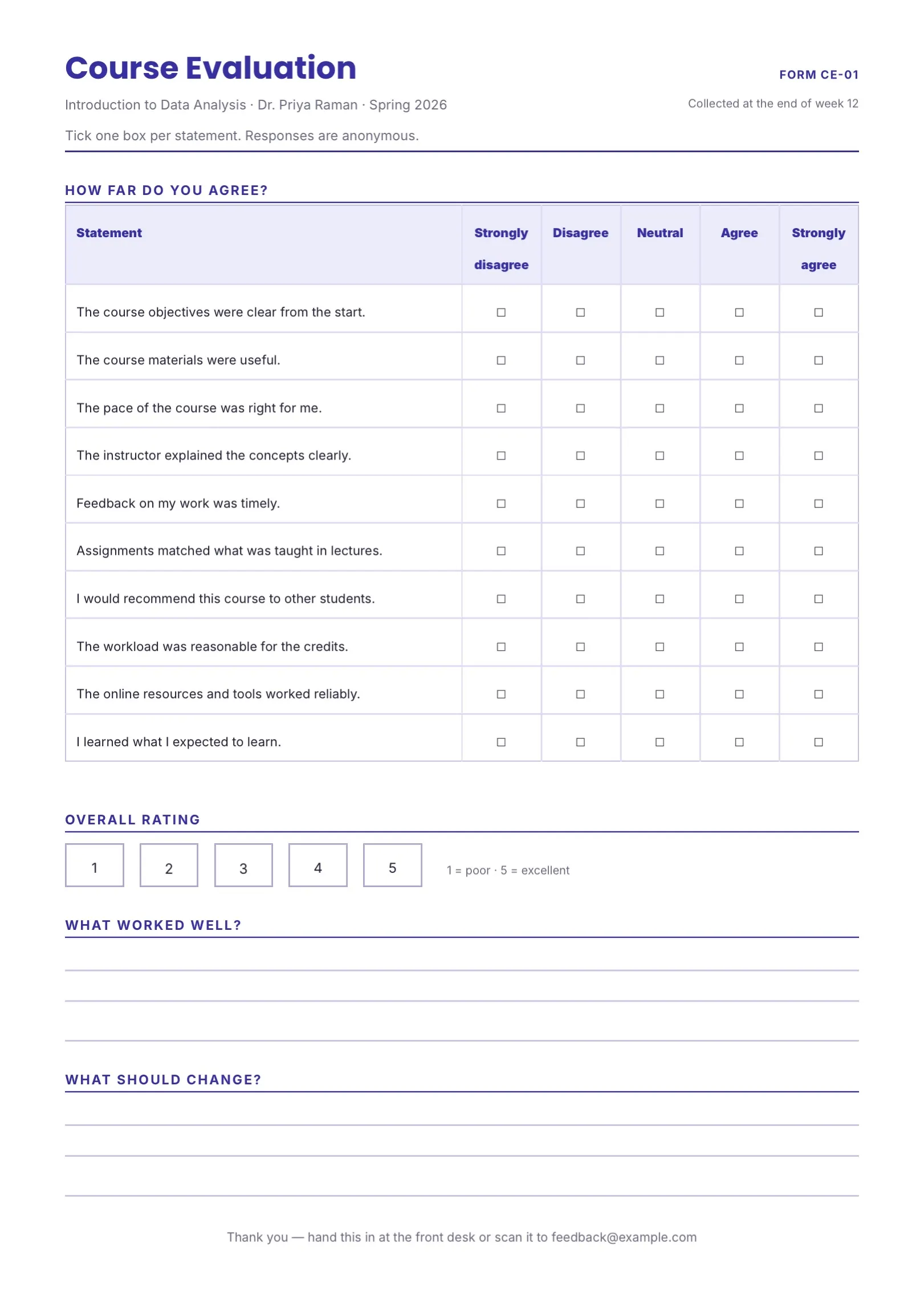 Black and White Course Evaluation Form Template