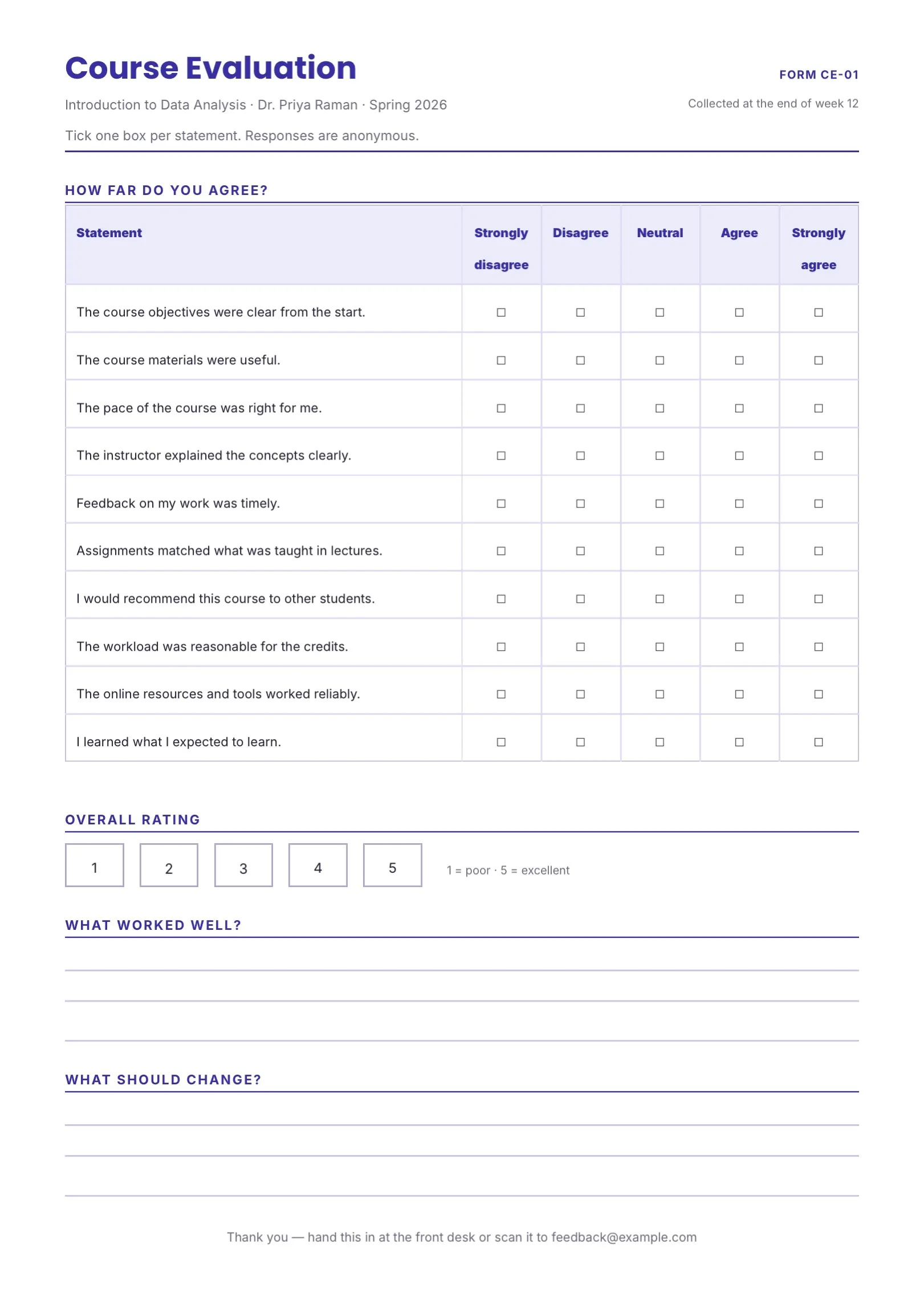 Black and White Course Evaluation Form Template