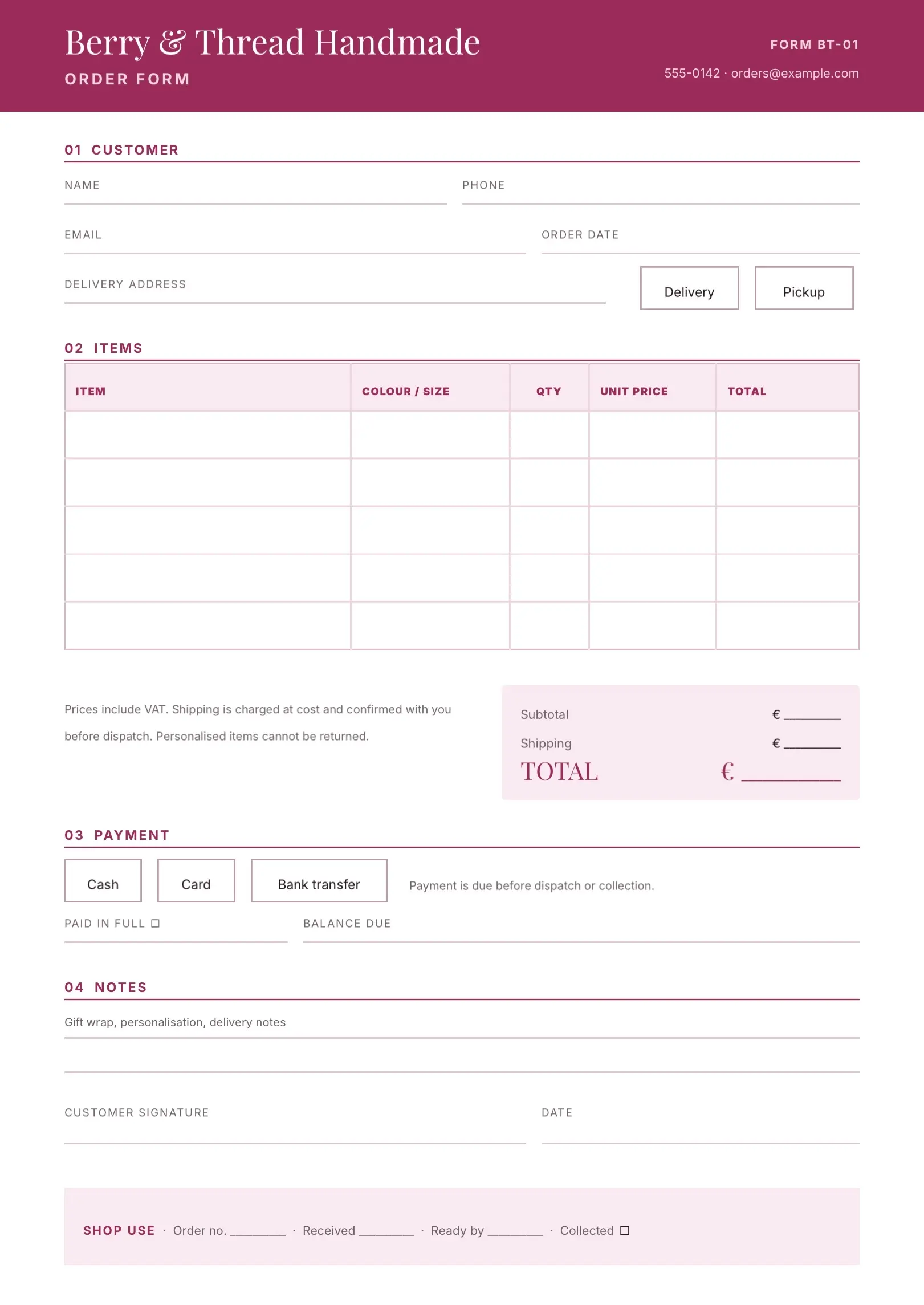 Black and White Customer Order Form Template