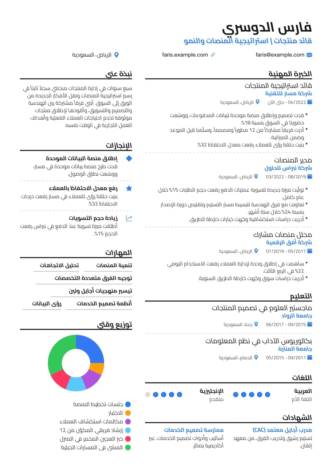 قالب سيرة ذاتية أزرق بمؤشرات مهارات برسوم بيانية بتصميم بسيط