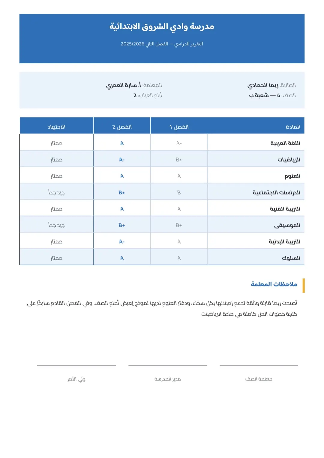 قالب شهادة درجات أزرق بجداول